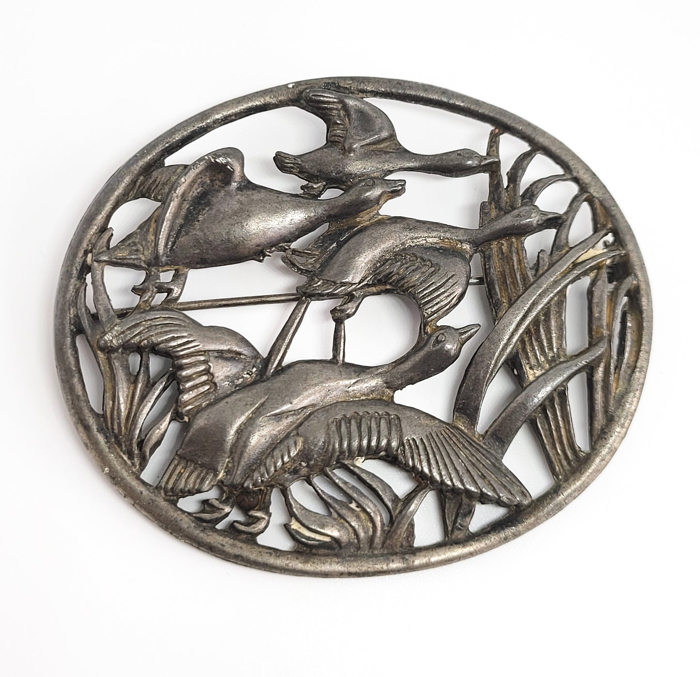 Vintage Flying Goose open work sterling silver vintage figural hunting brooch 925