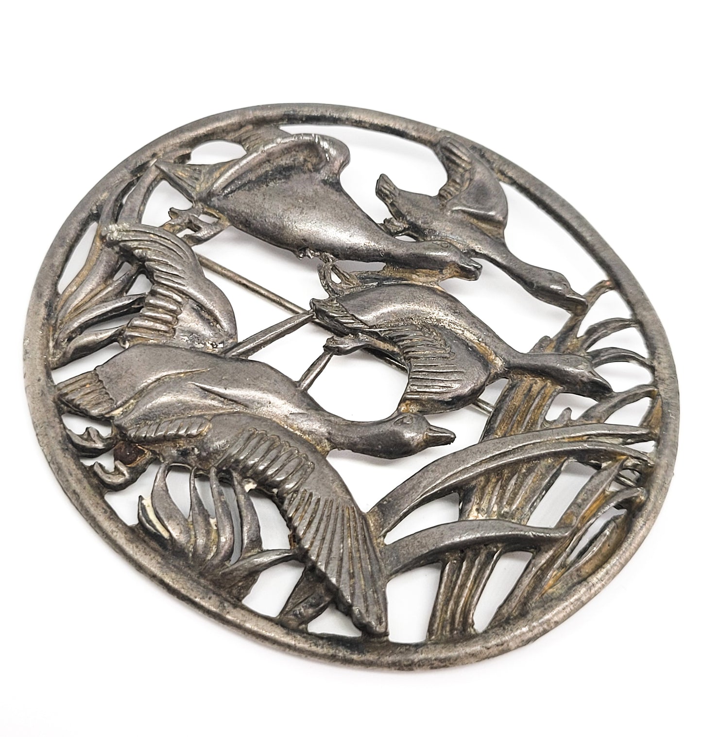 Vintage Flying Goose open work sterling silver vintage figural hunting brooch 925