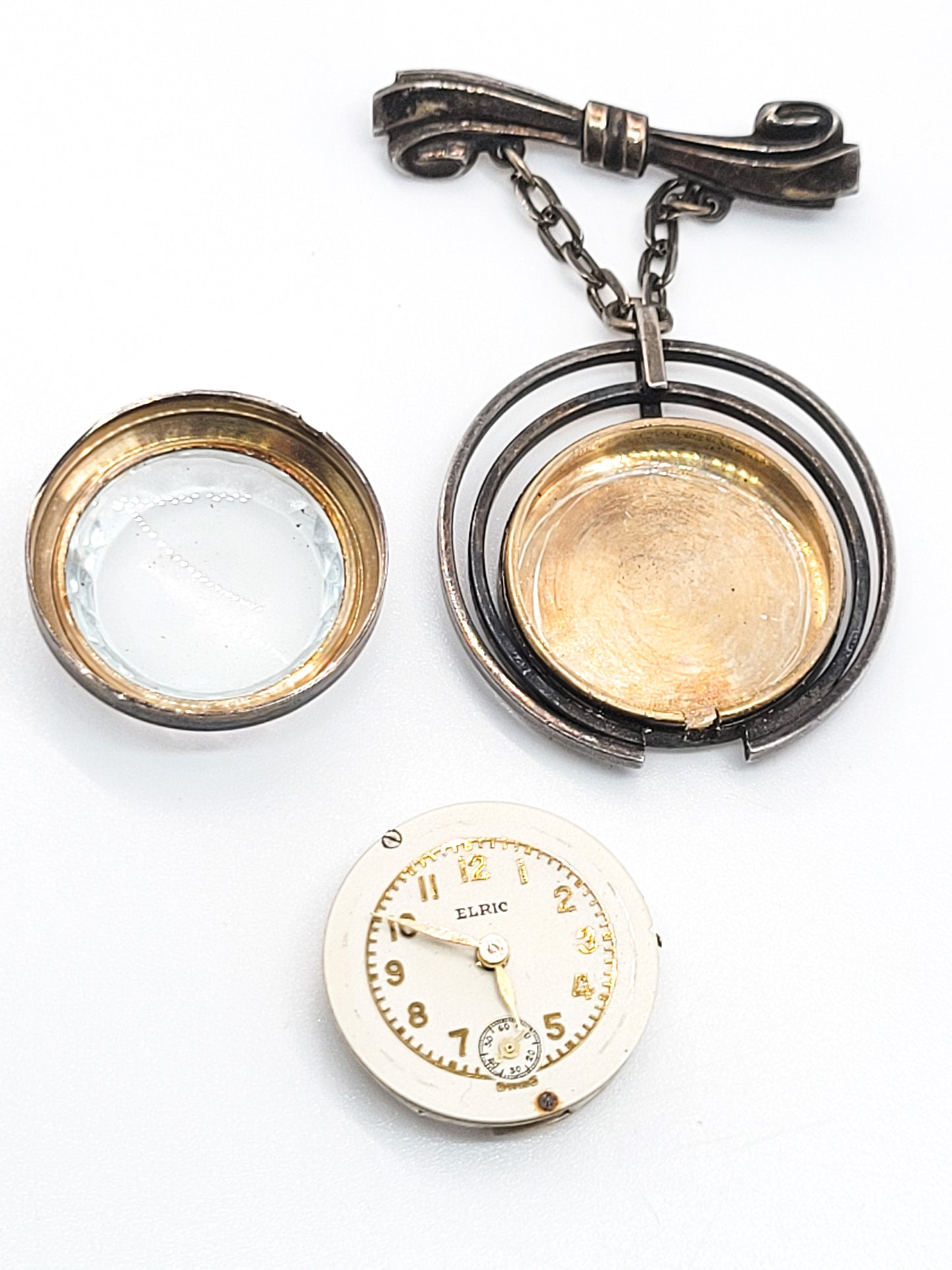 Vintage Elric Muralt 10kt gold over sterling silver watch fob brooch For Repair