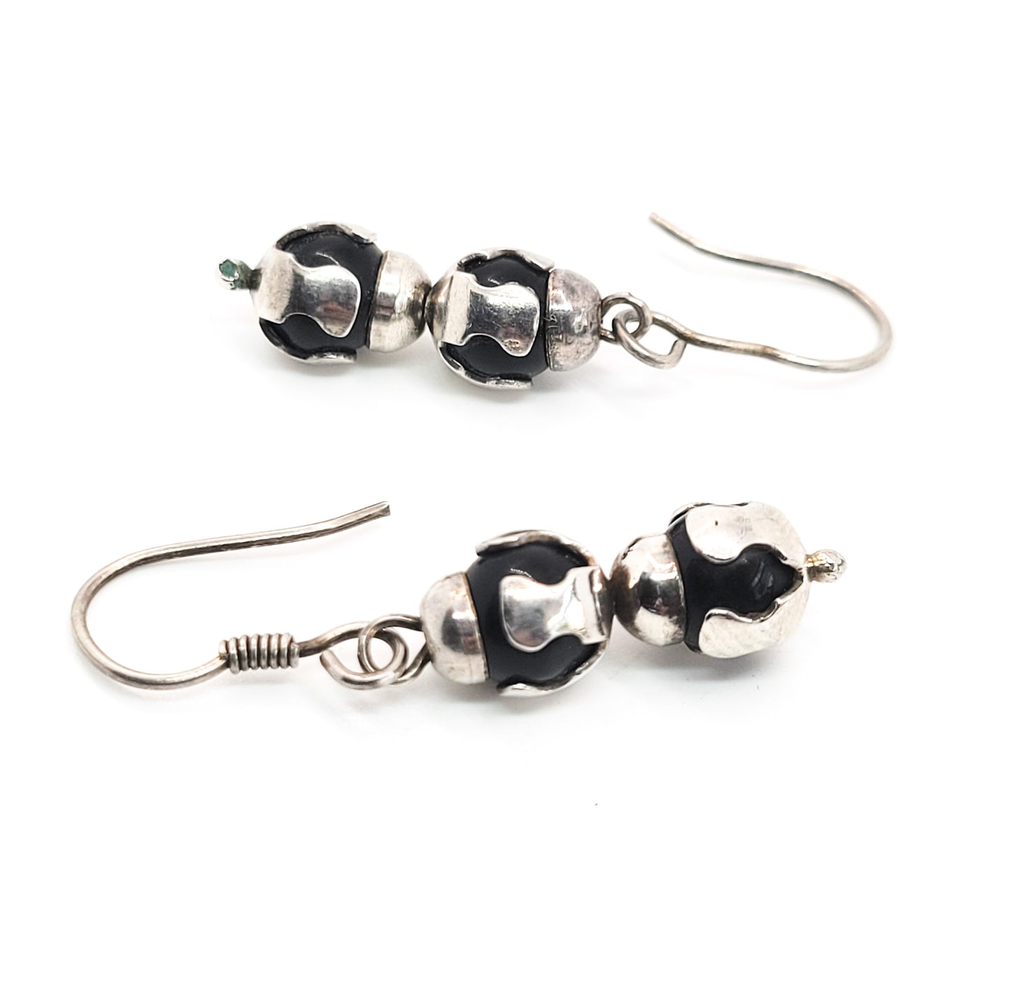 Black and silver abstract drop sterling silver beaded vintage hook earrings 925