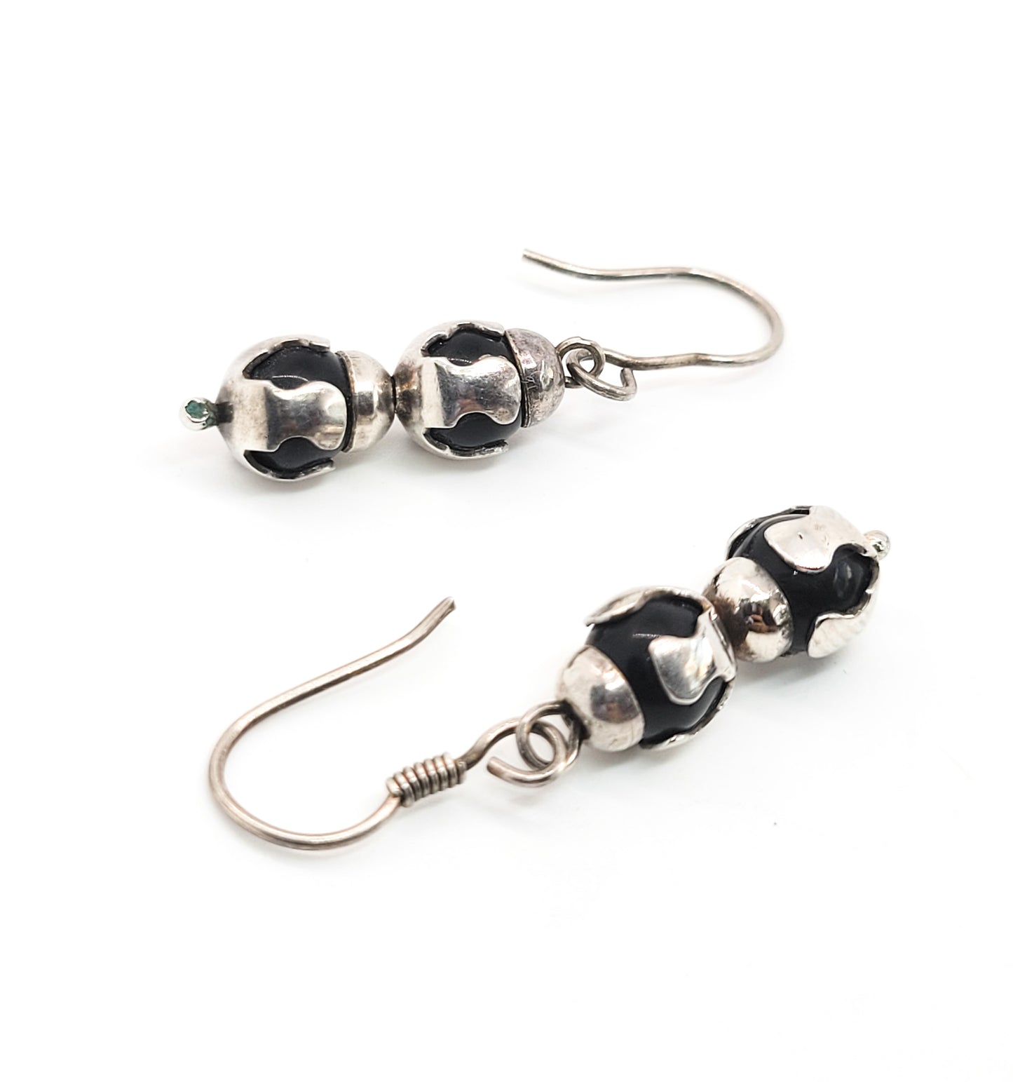 Black and silver abstract drop sterling silver beaded vintage hook earrings 925
