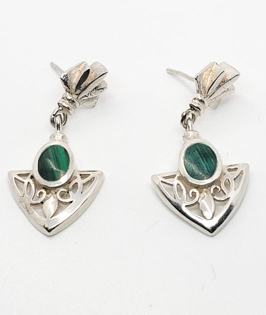 Malachite green gemstone vintage tribal stering silver drop vintage earrings 925