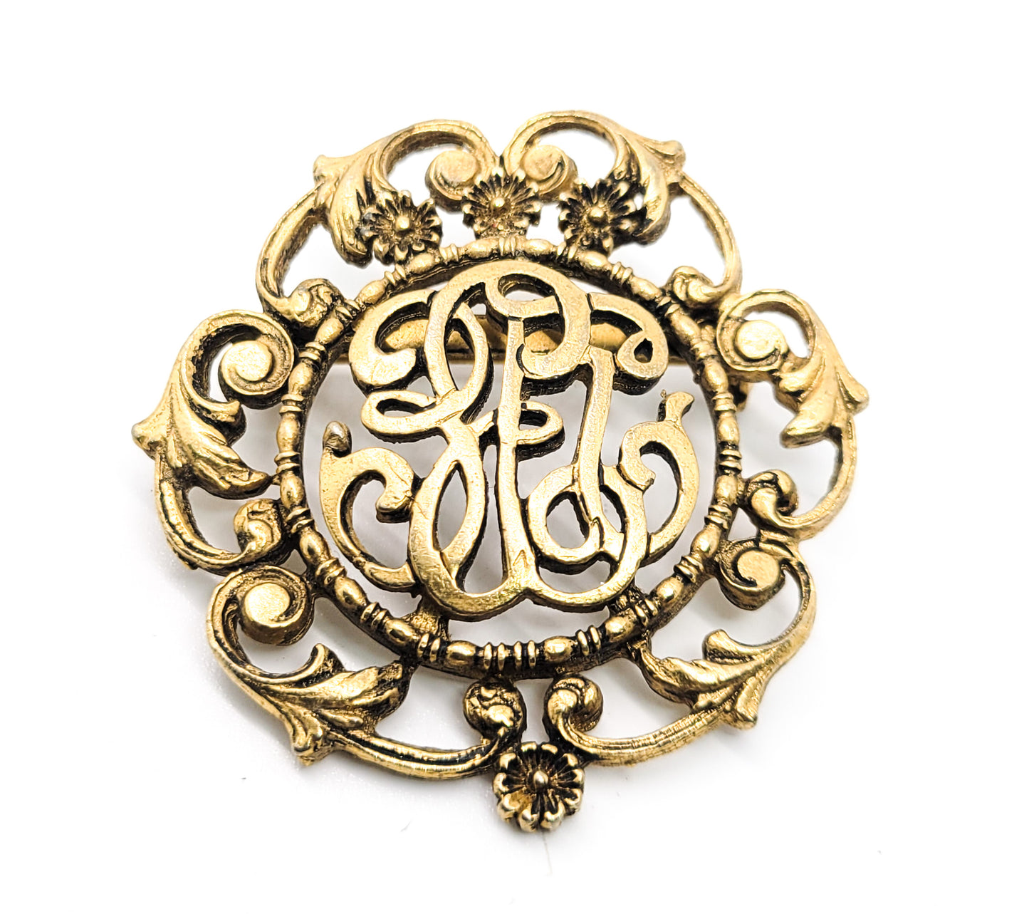 Monogram EET vintage gold toned flower roccoco style brooch