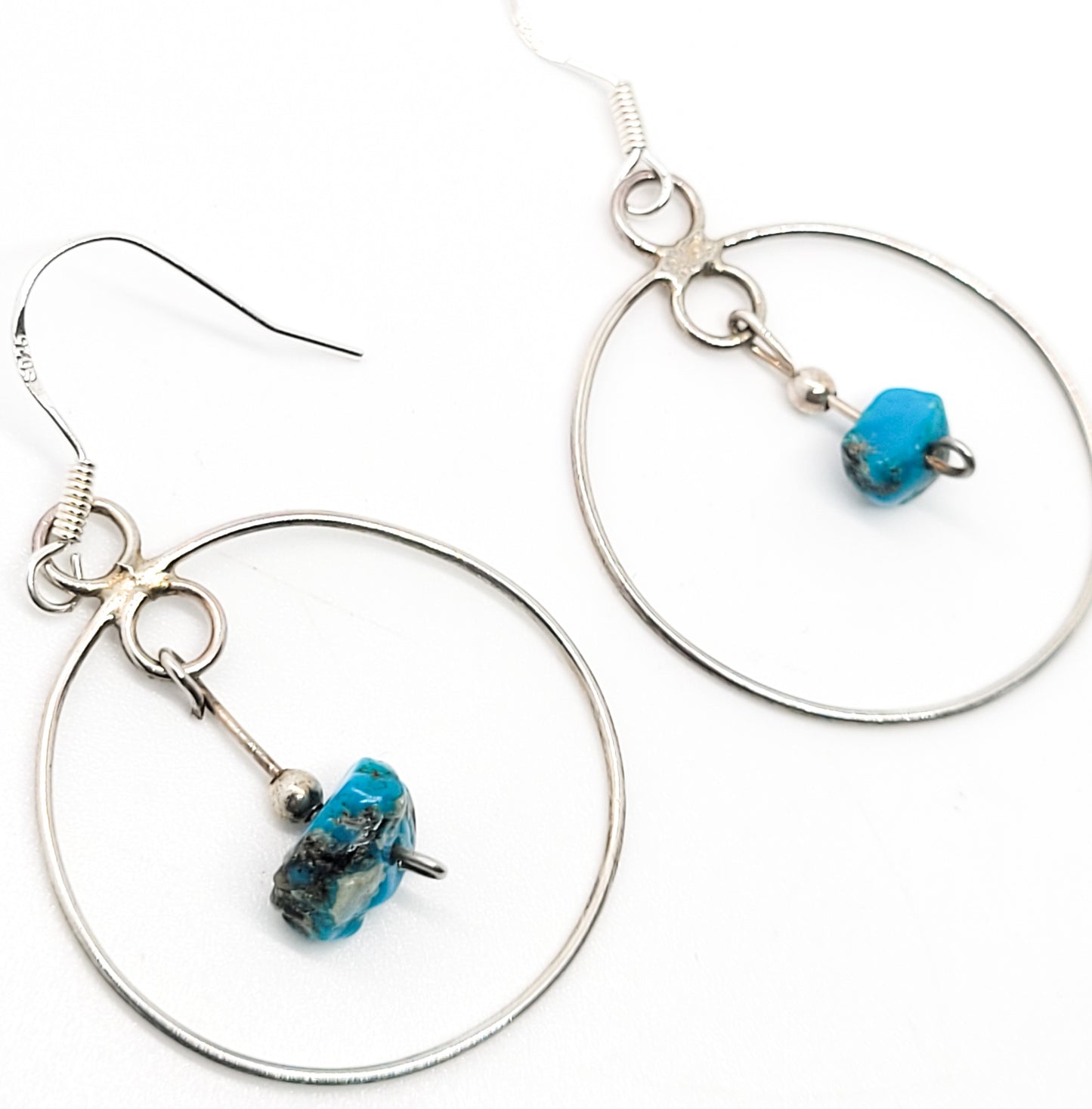 Rough turquoise gemstone sterling silver vintage hoop drop dangle earrings 925