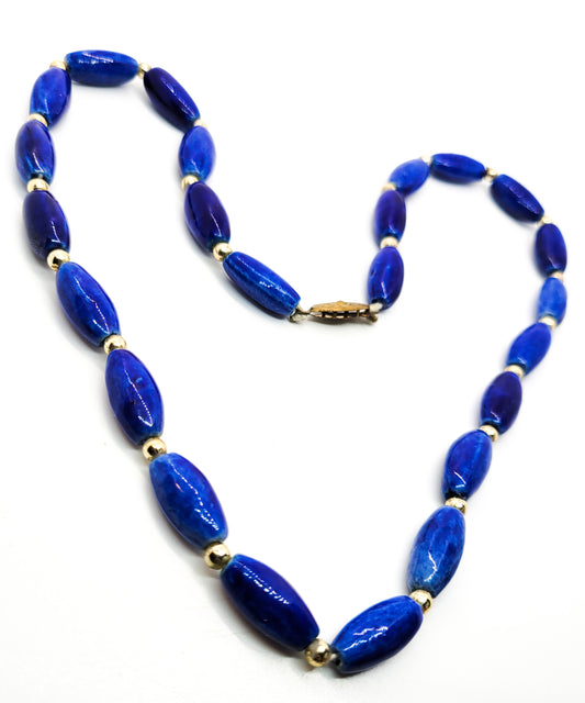 Long blue porcelain and gold beaded vintage necklace