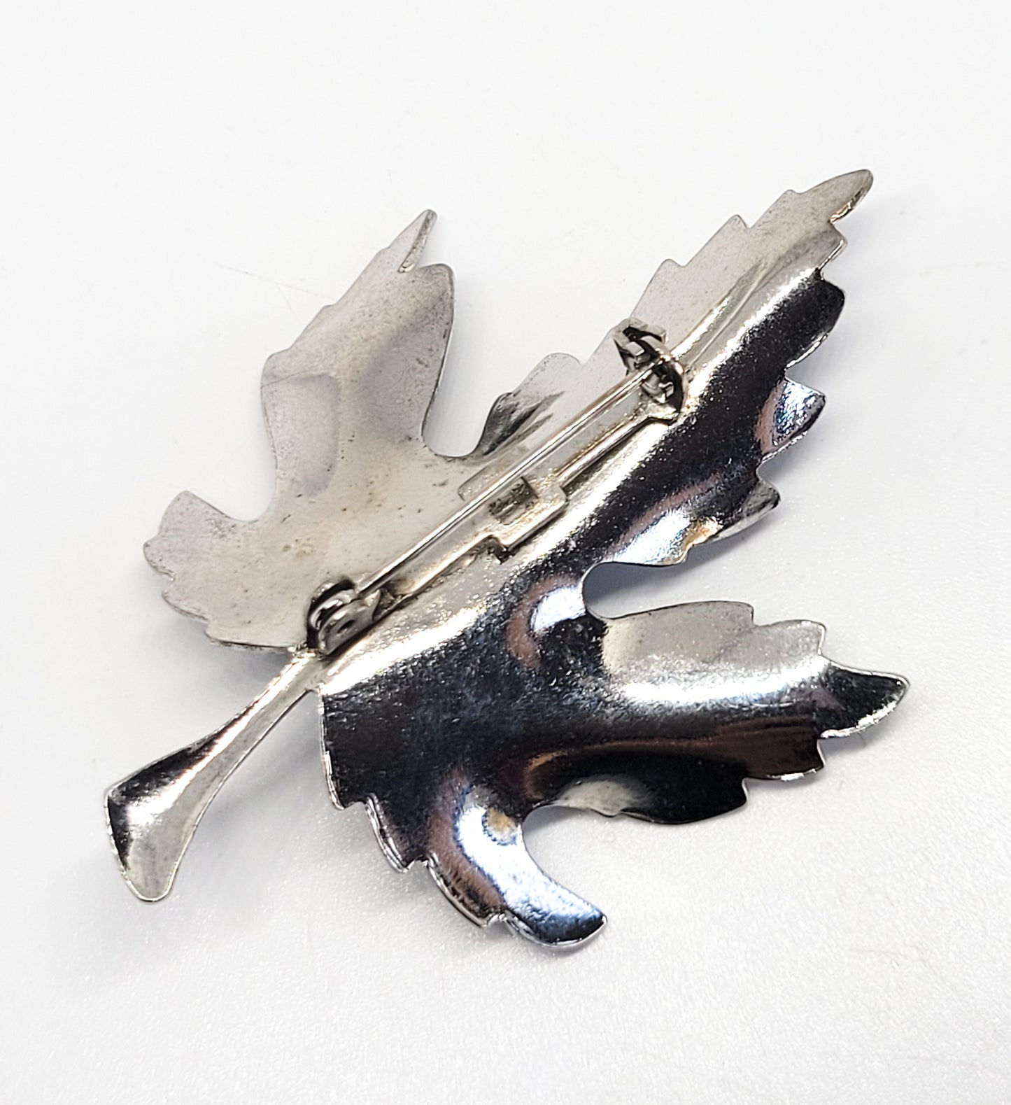 Ice Blue winter Maple leaf silver toned enamel vintage brooch pin