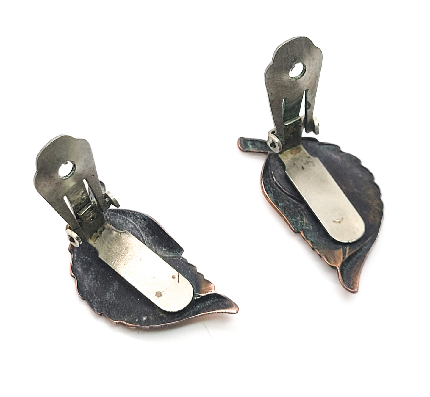 Copper leaves vintage fall autumn nature figural clip on earrings mid century