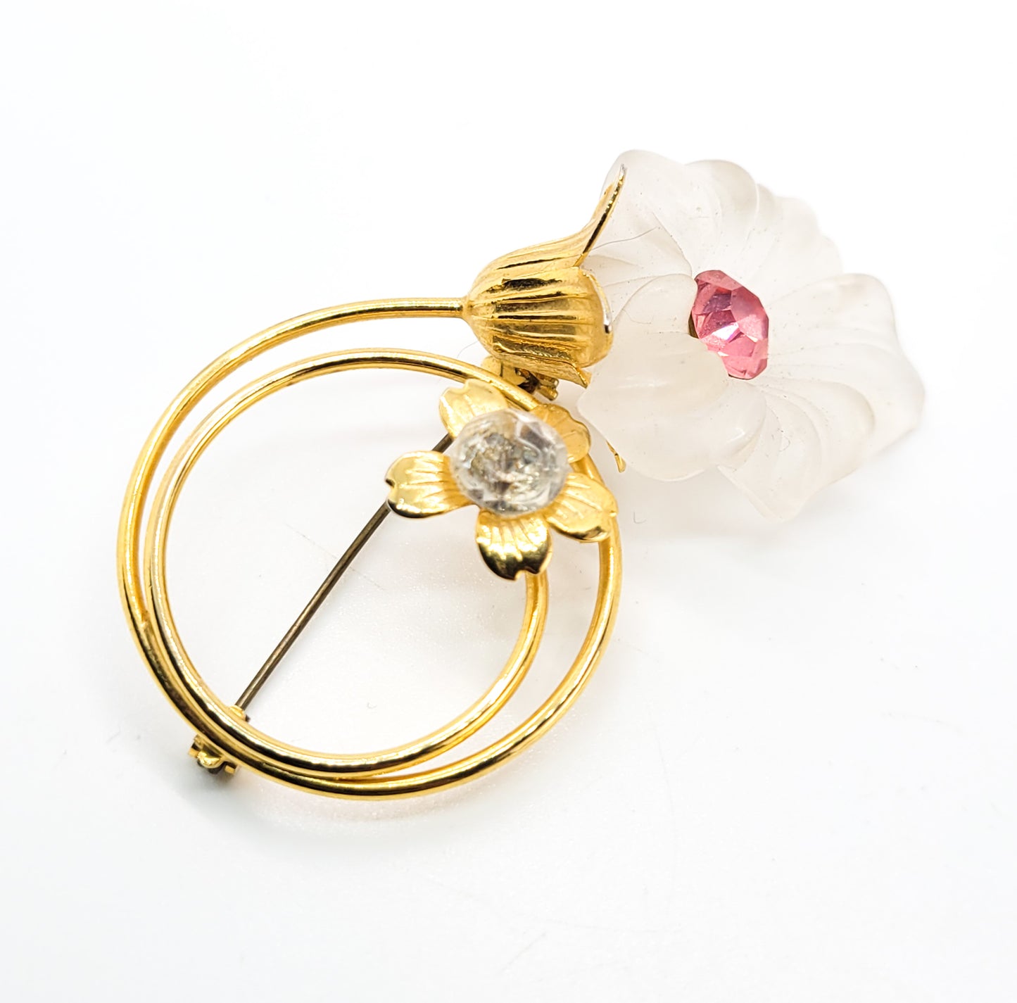 Frosted glass la lique style molded flower vintage brooch with pink rhinestone accents