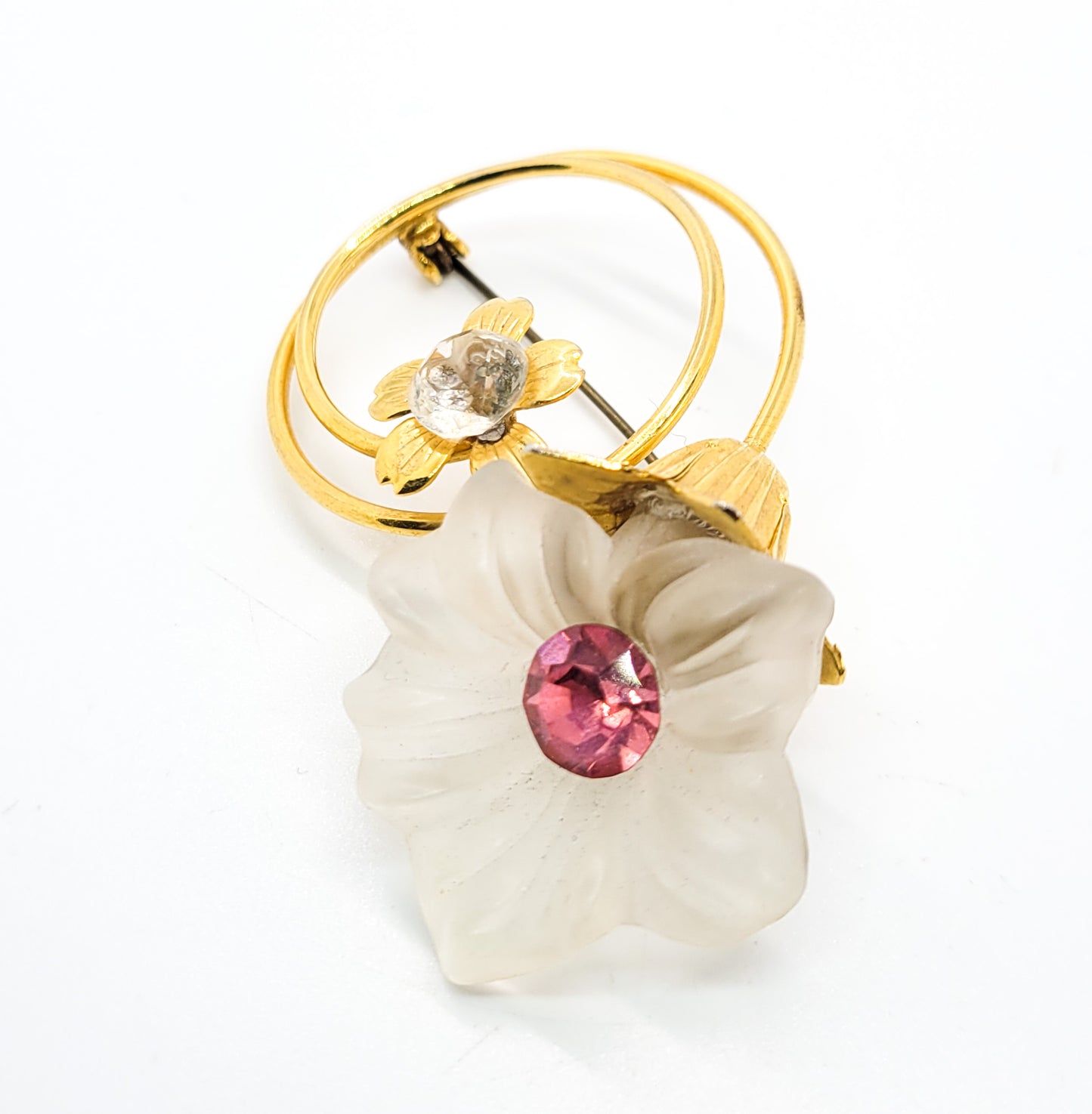 Frosted glass la lique style molded flower vintage brooch with pink rhinestone accents