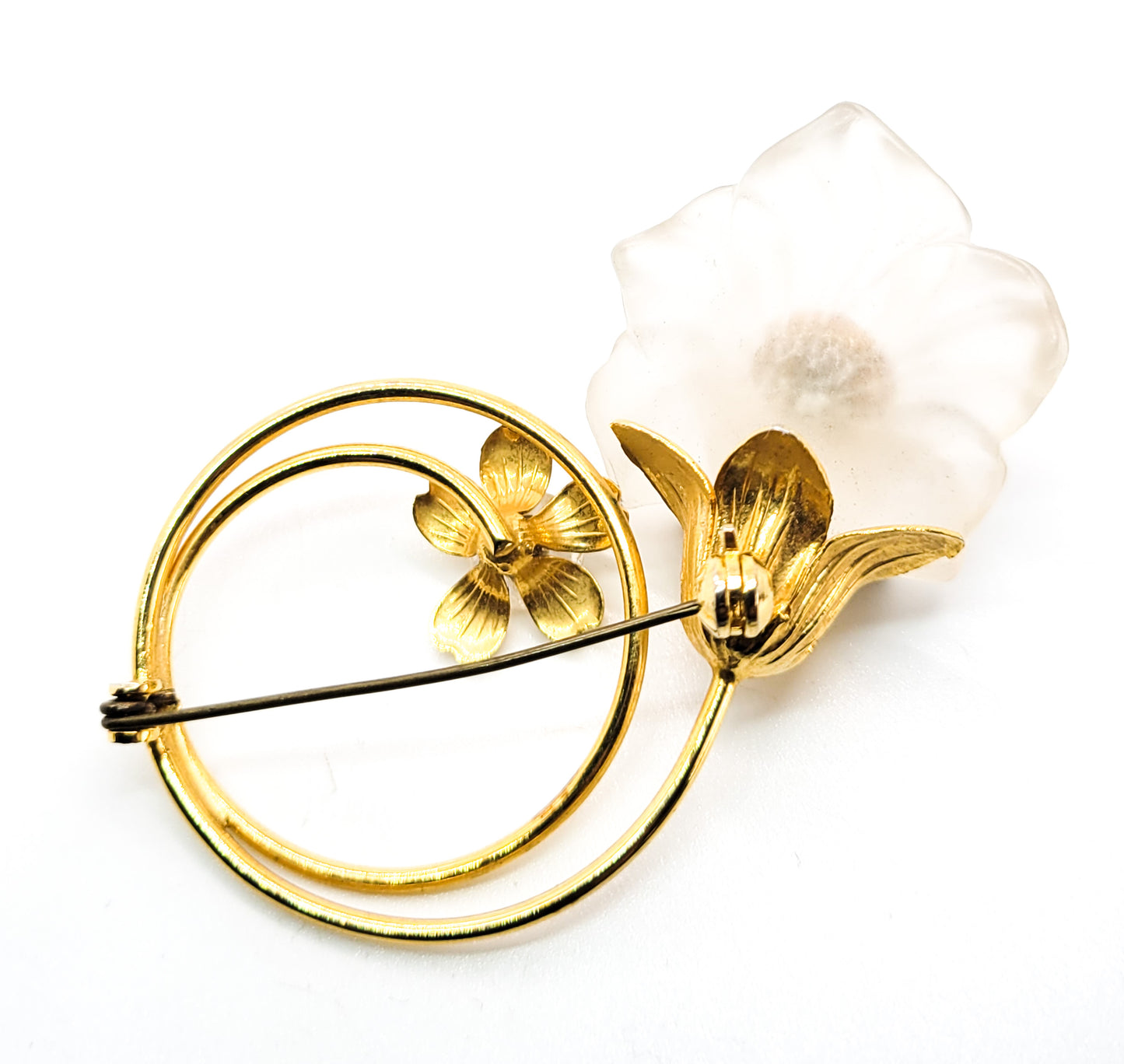 Frosted glass la lique style molded flower vintage brooch with pink rhinestone accents