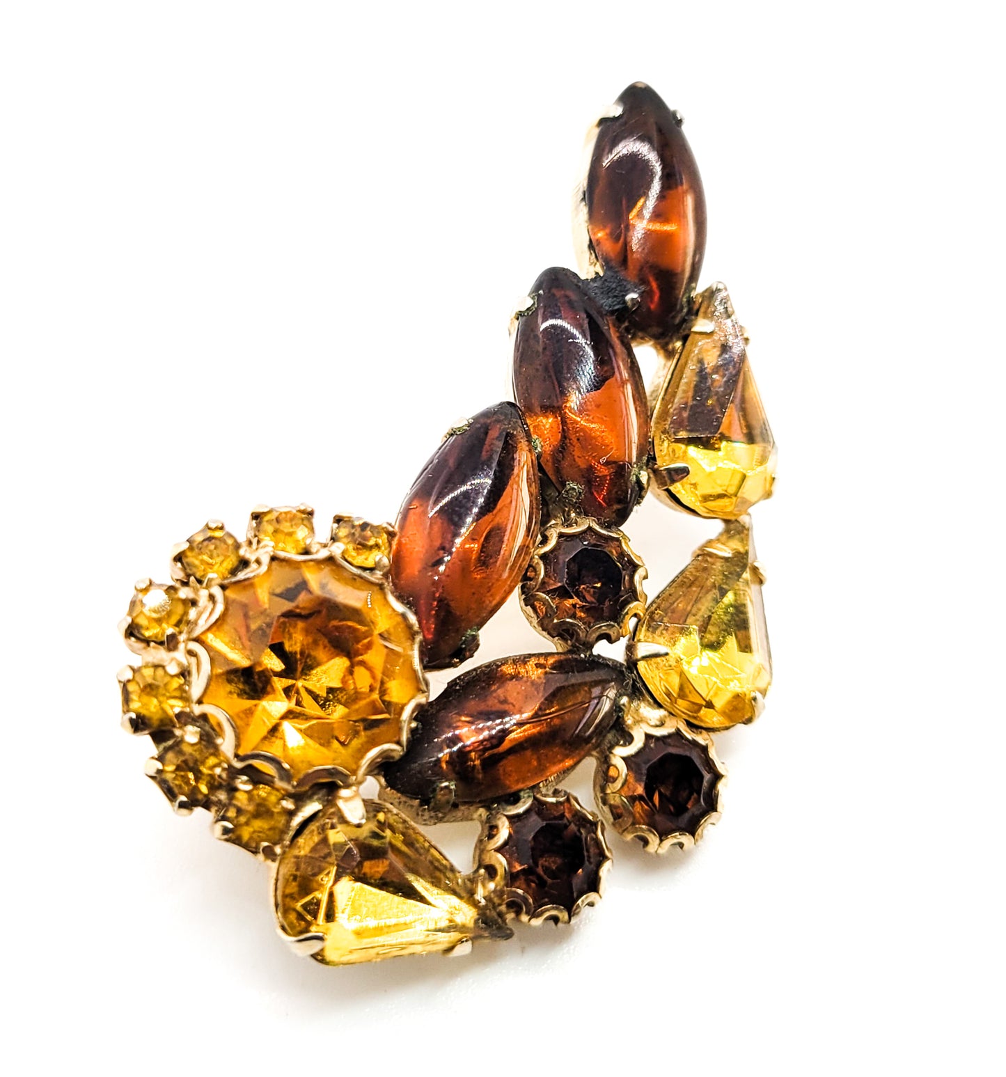 Autumn topaz and brown warm cup prong set vintage rhinestone brooch estate