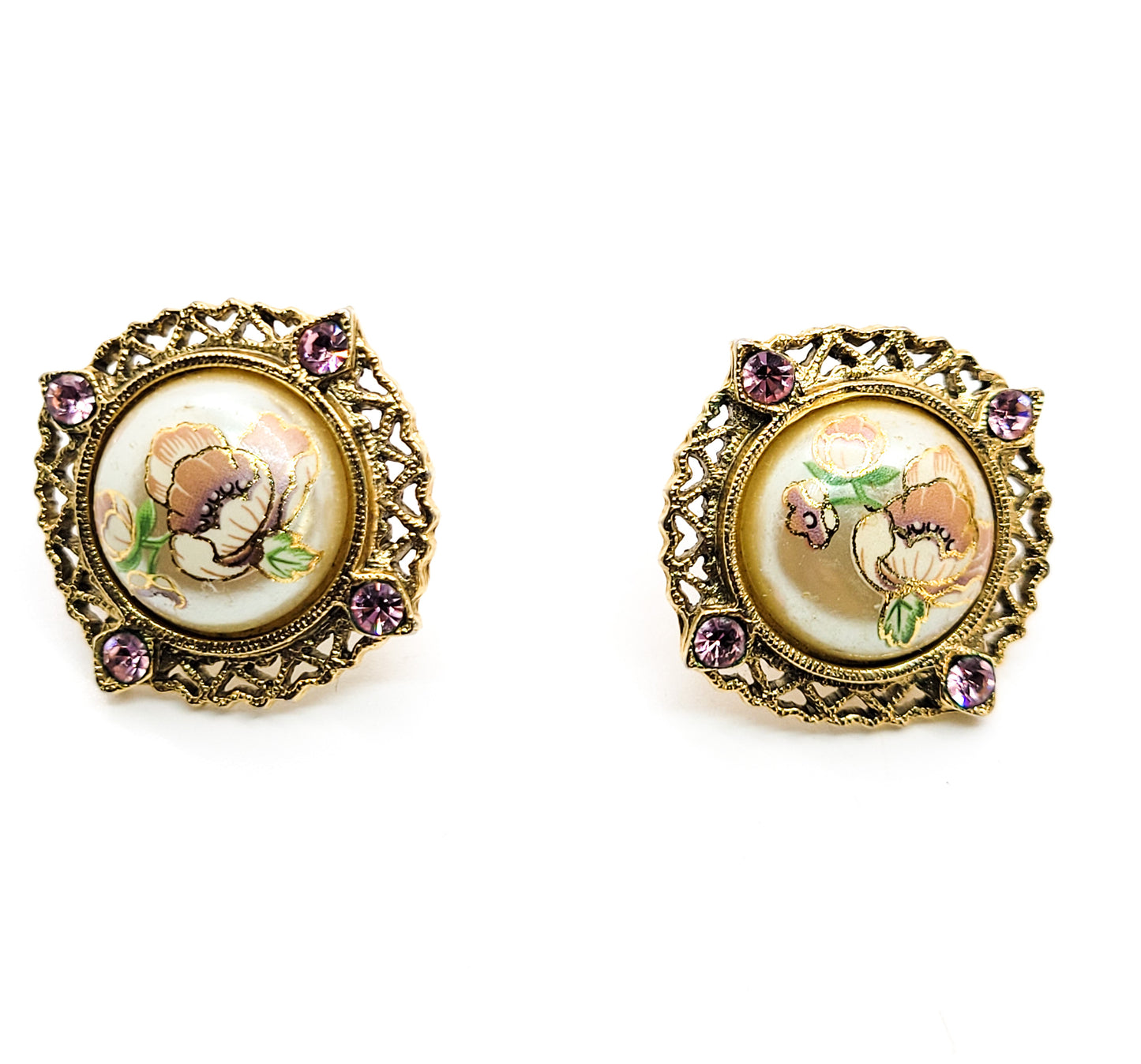 Painted pink and white flower faux pearl pink rhinestone gold toned vintage earrings