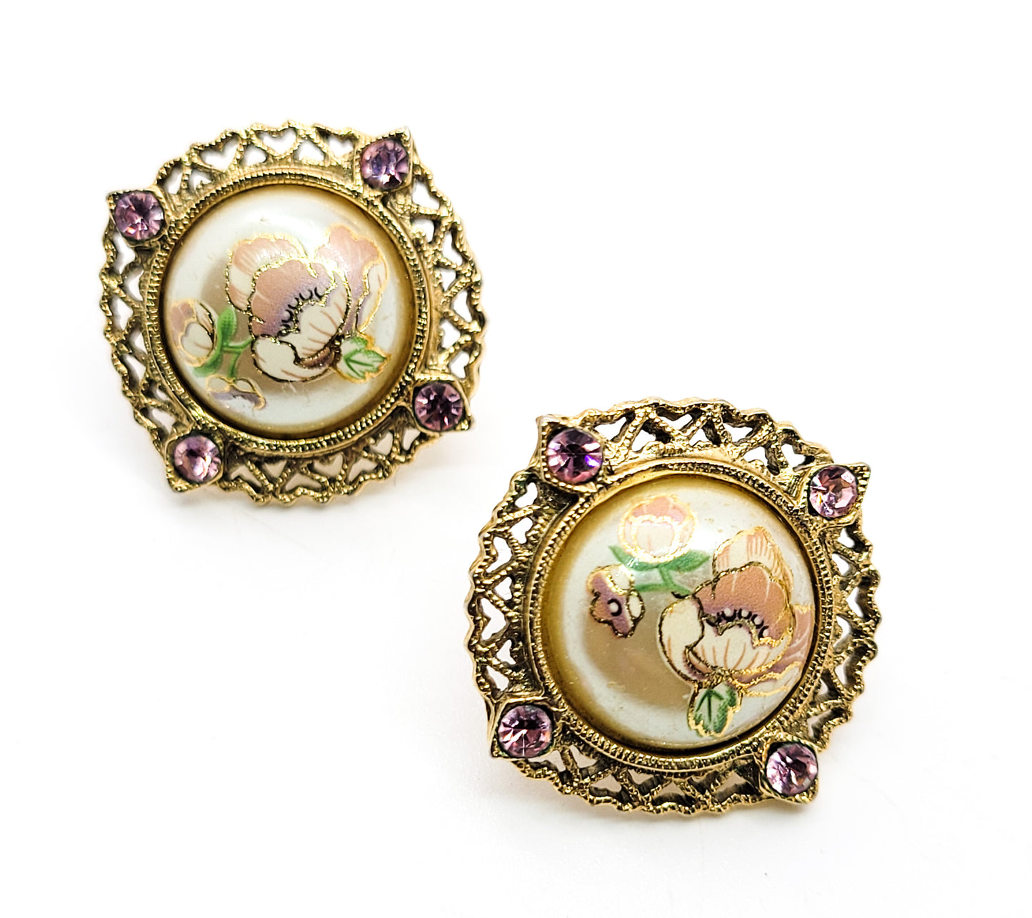 Painted pink and white flower faux pearl pink rhinestone gold toned vintage earrings