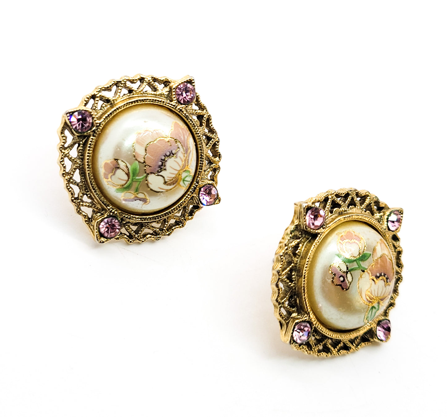 Painted pink and white flower faux pearl pink rhinestone gold toned vintage earrings