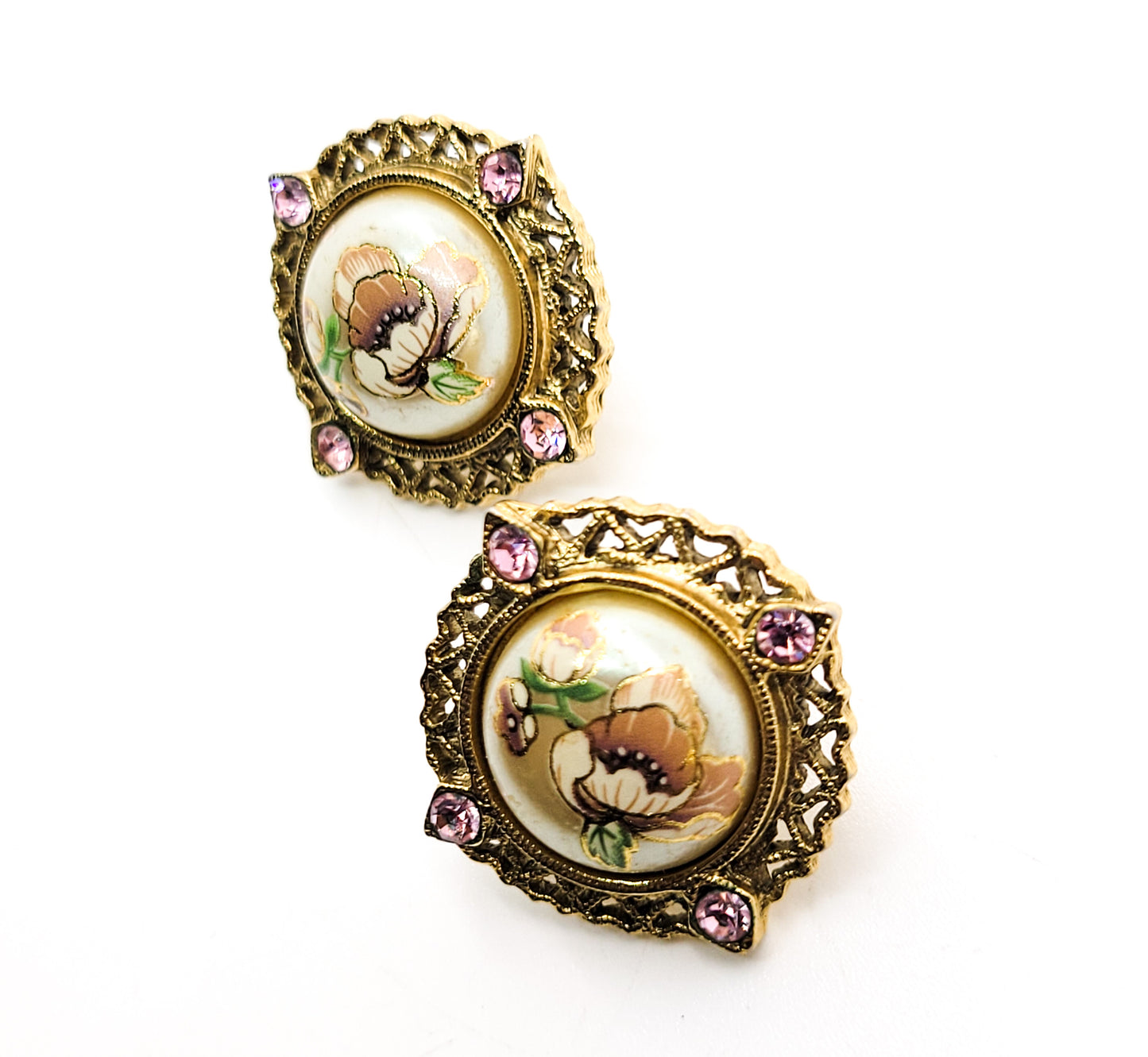 Painted pink and white flower faux pearl pink rhinestone gold toned vintage earrings