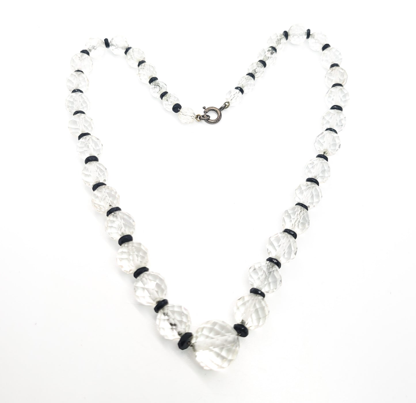 Art Deco faceted Lead glass crystal black and white sterling silver vintage necklace
