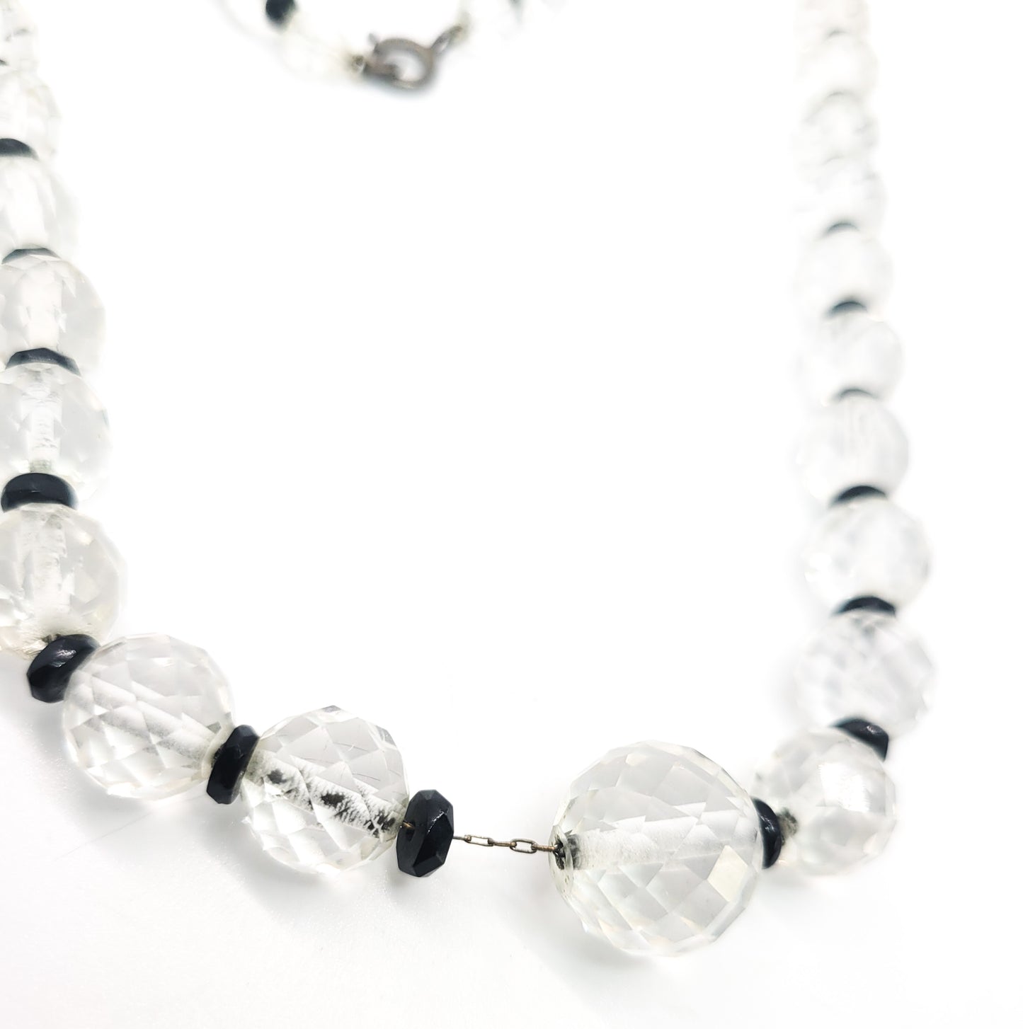 Art Deco faceted Lead glass crystal black and white sterling silver vintage necklace