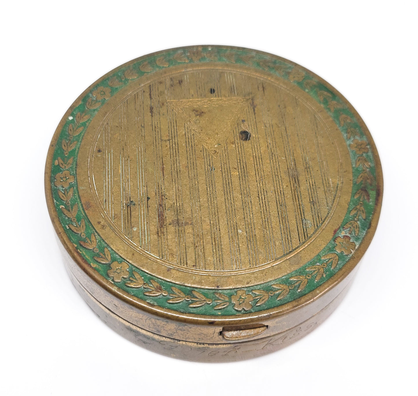 Dier - Kiss Art Deco brass & green enamel folding double mirror vintage compact