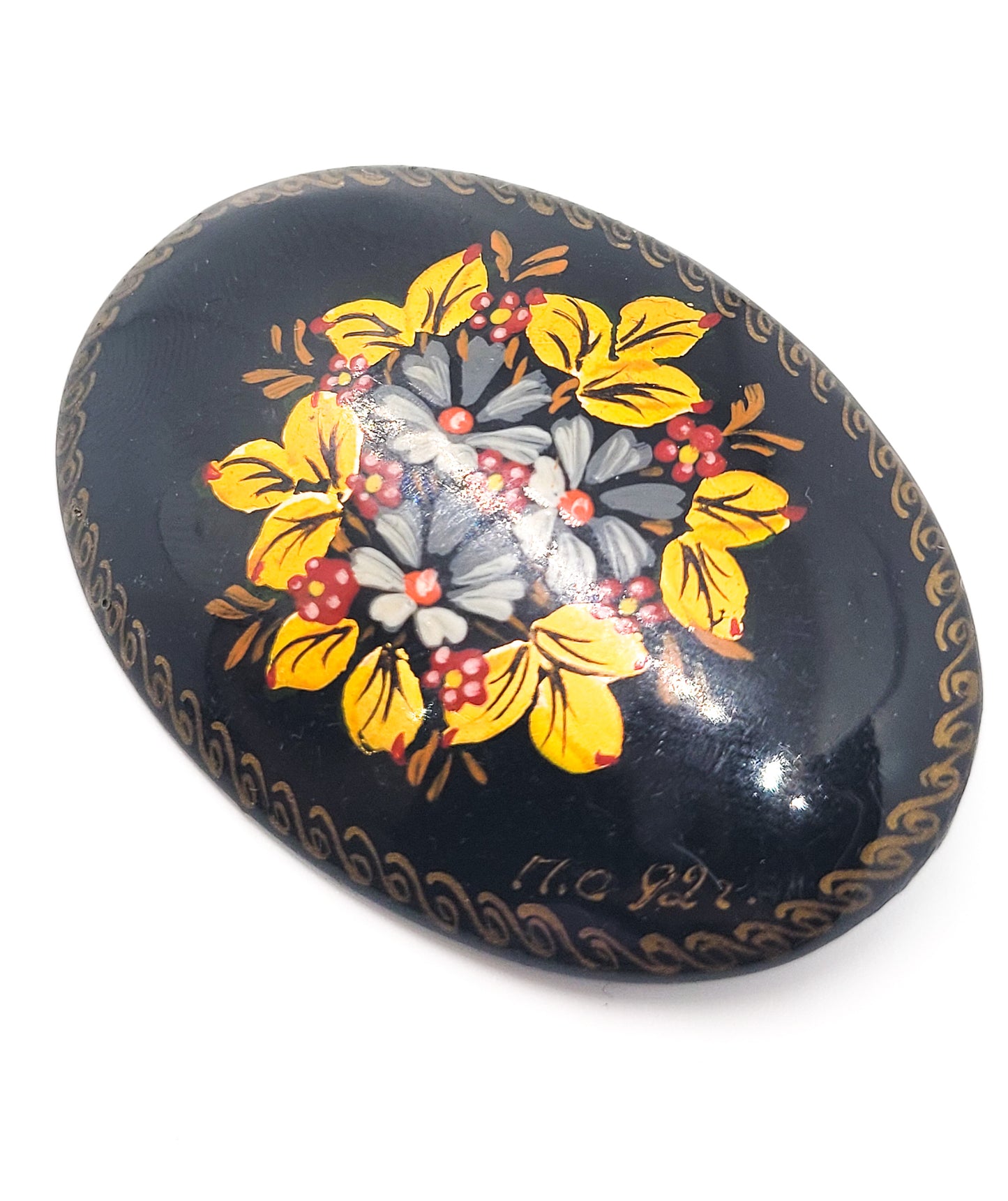 Russian hand painted flower with gold leaf signed vintage lacquer brooch