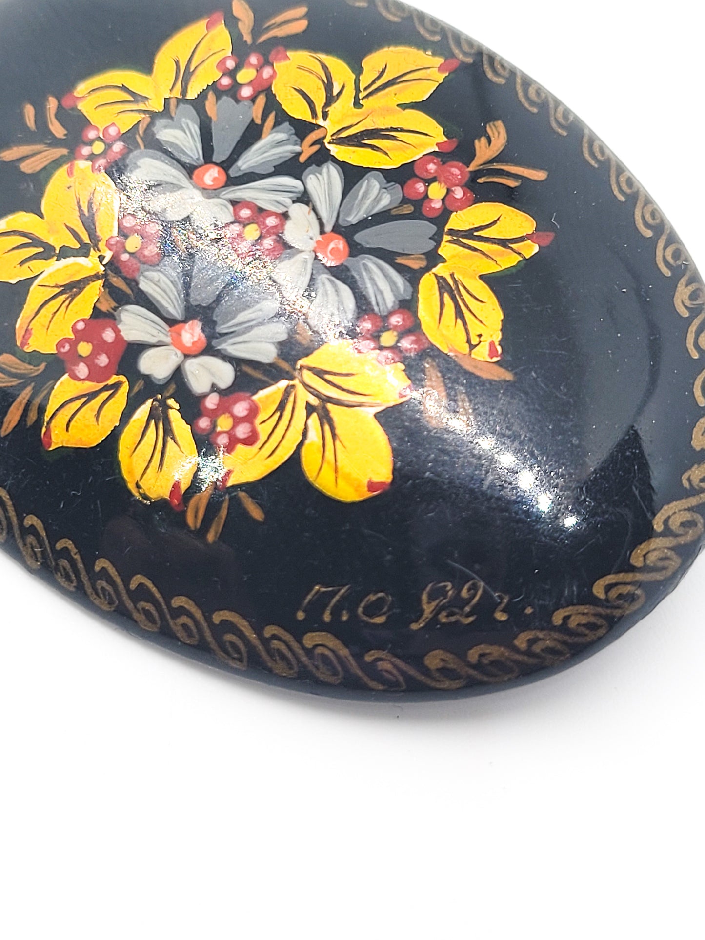 Russian hand painted flower with gold leaf signed vintage lacquer brooch