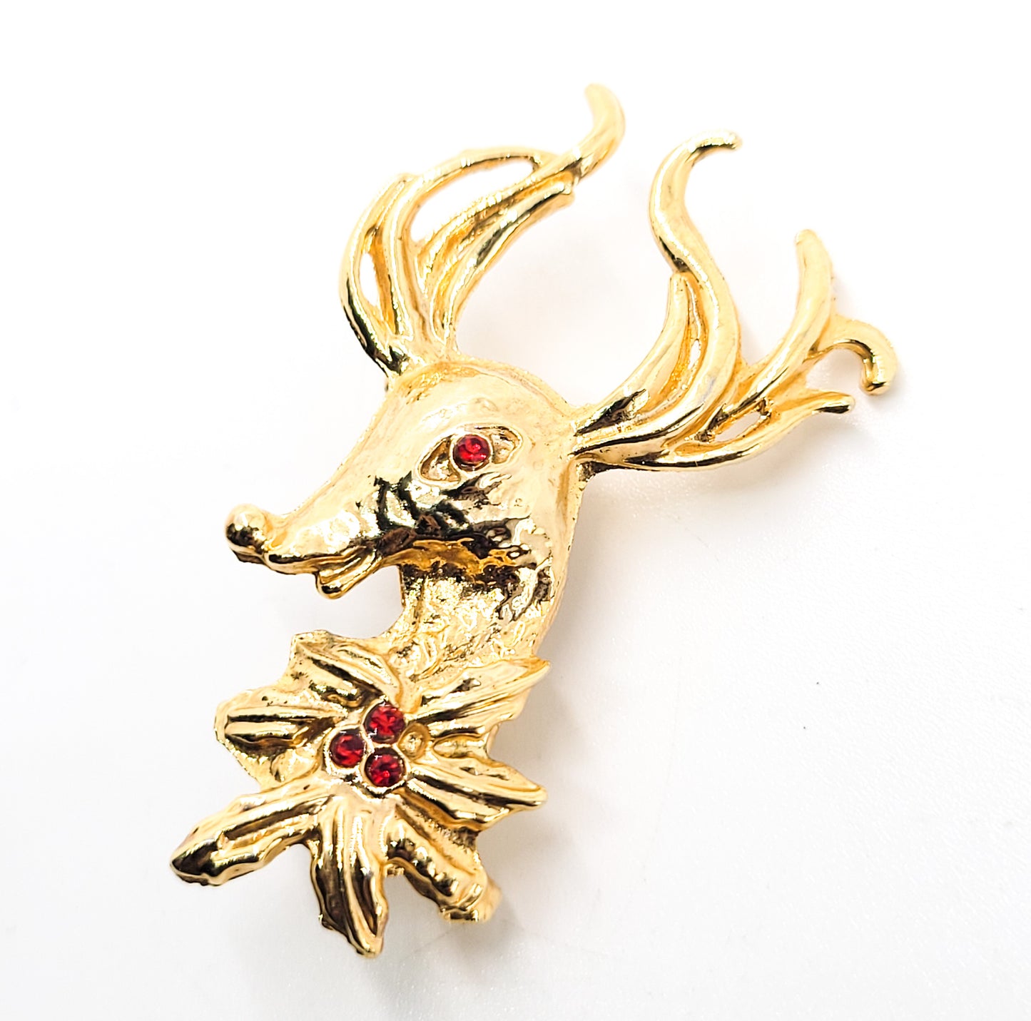Reindeer vintage red rhinestone gold toned holiday Christmas brooch