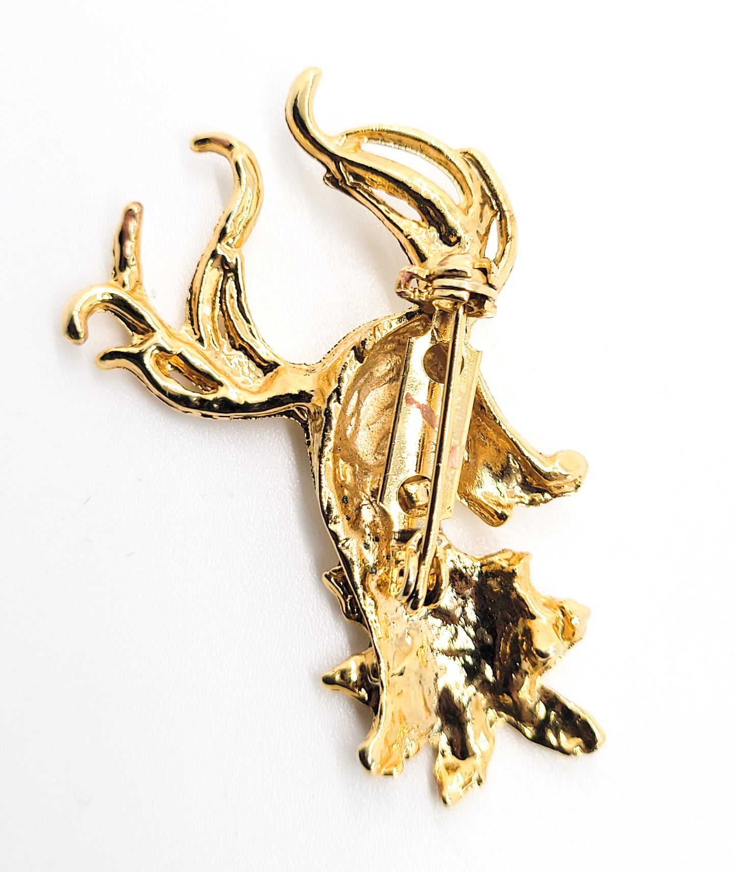 Reindeer vintage red rhinestone gold toned holiday Christmas brooch