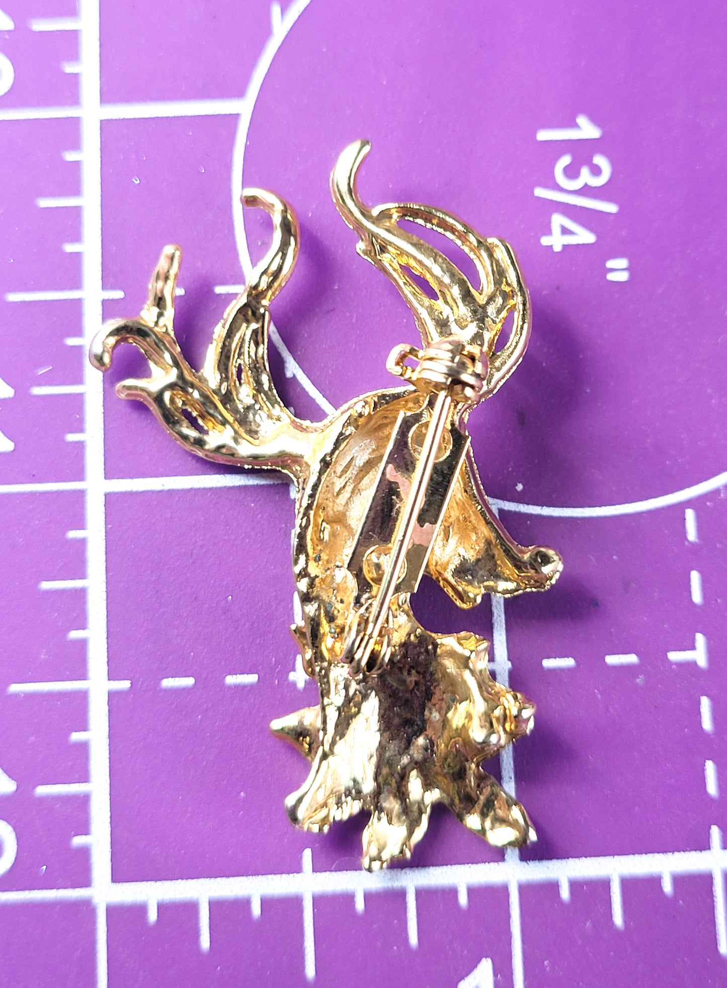 Reindeer vintage red rhinestone gold toned holiday Christmas brooch