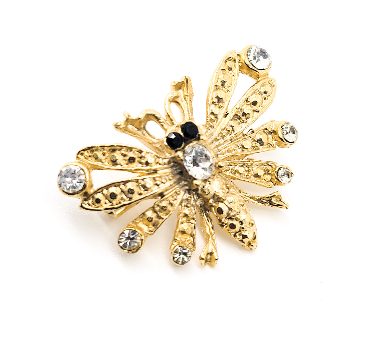 Bee gold toned vintage black and white rhinestone insect figural brooch