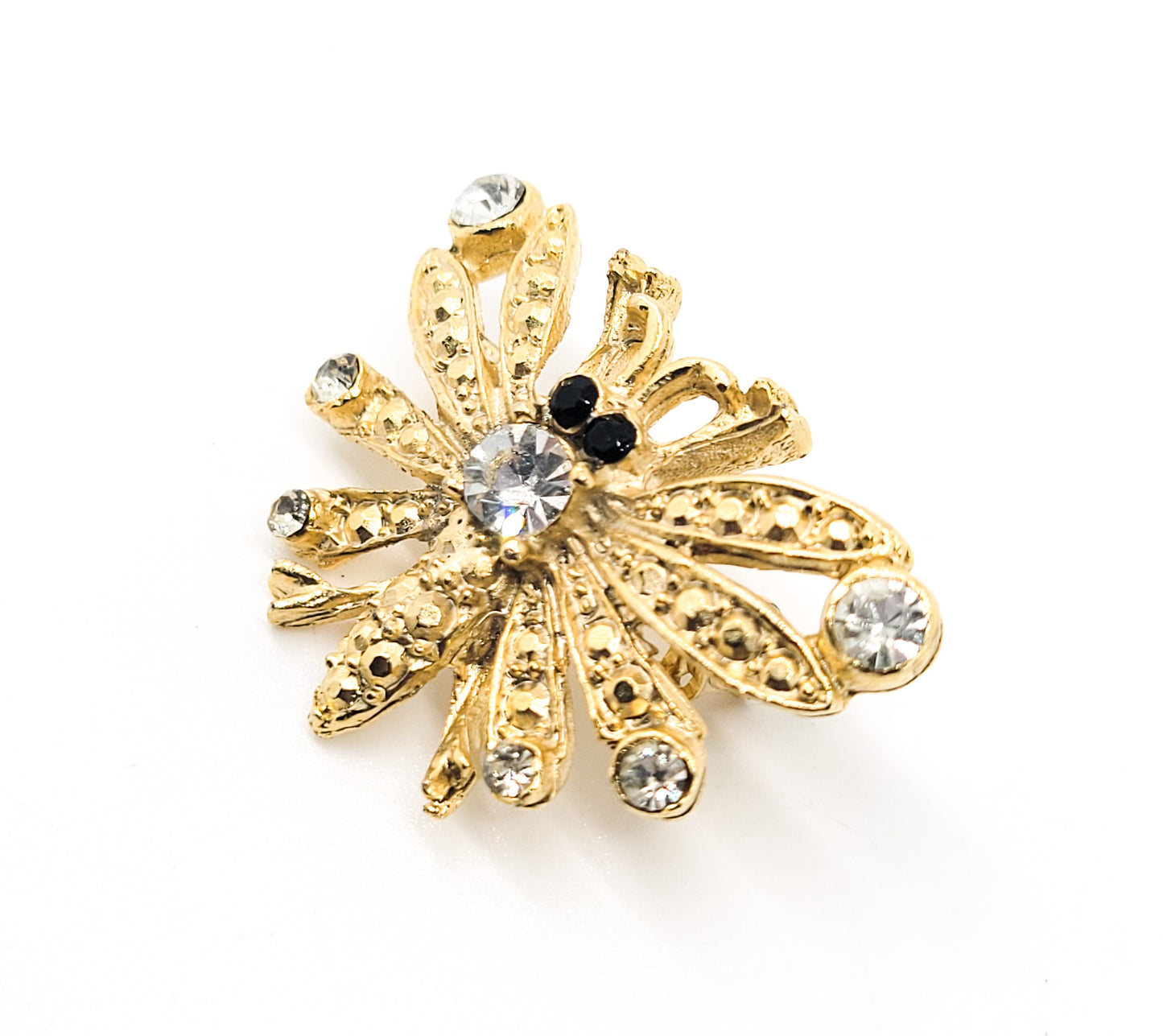 Bee gold toned vintage black and white rhinestone insect figural brooch