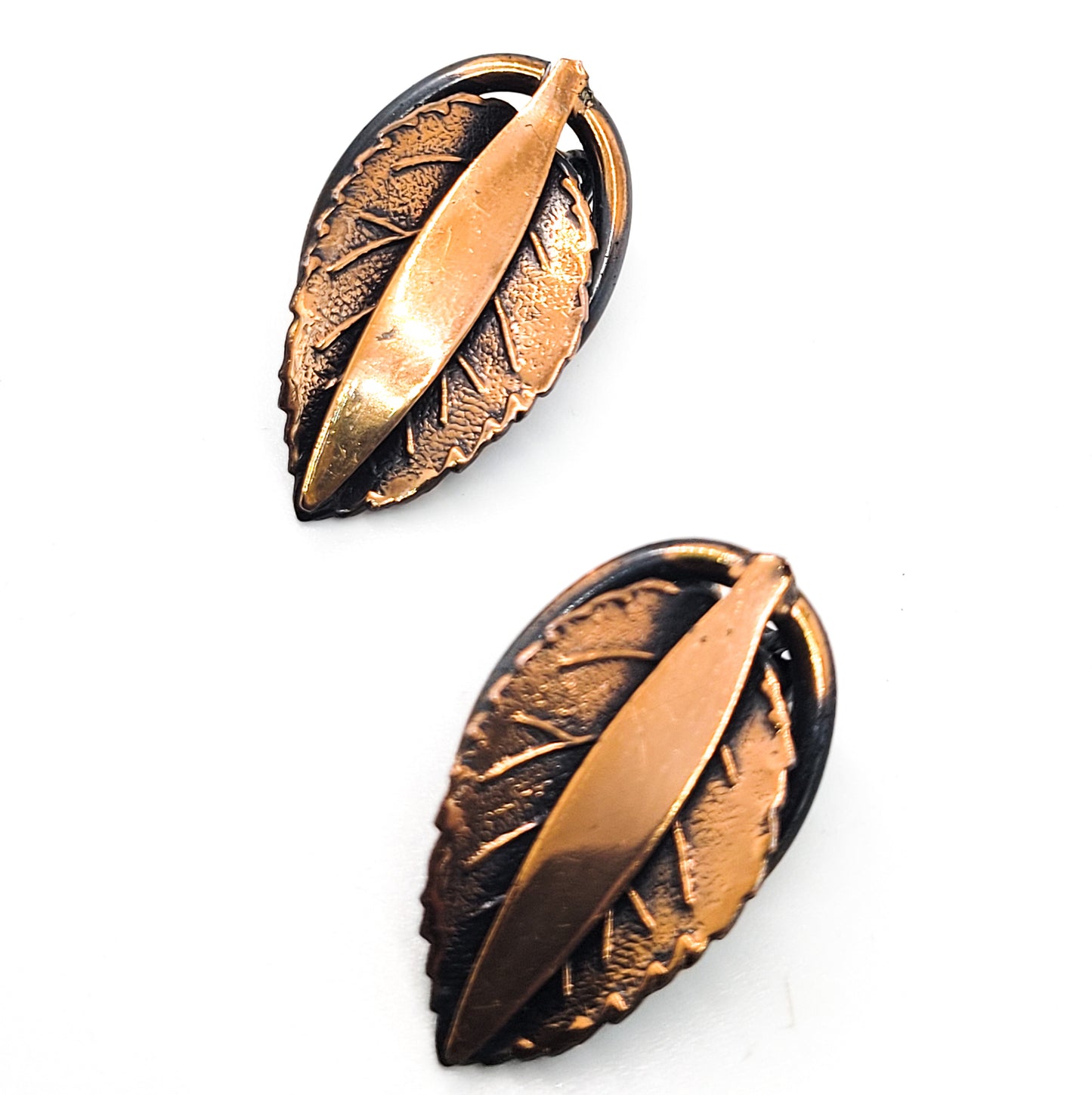 Autumn fall leaf vintage molded copper clip on earrings