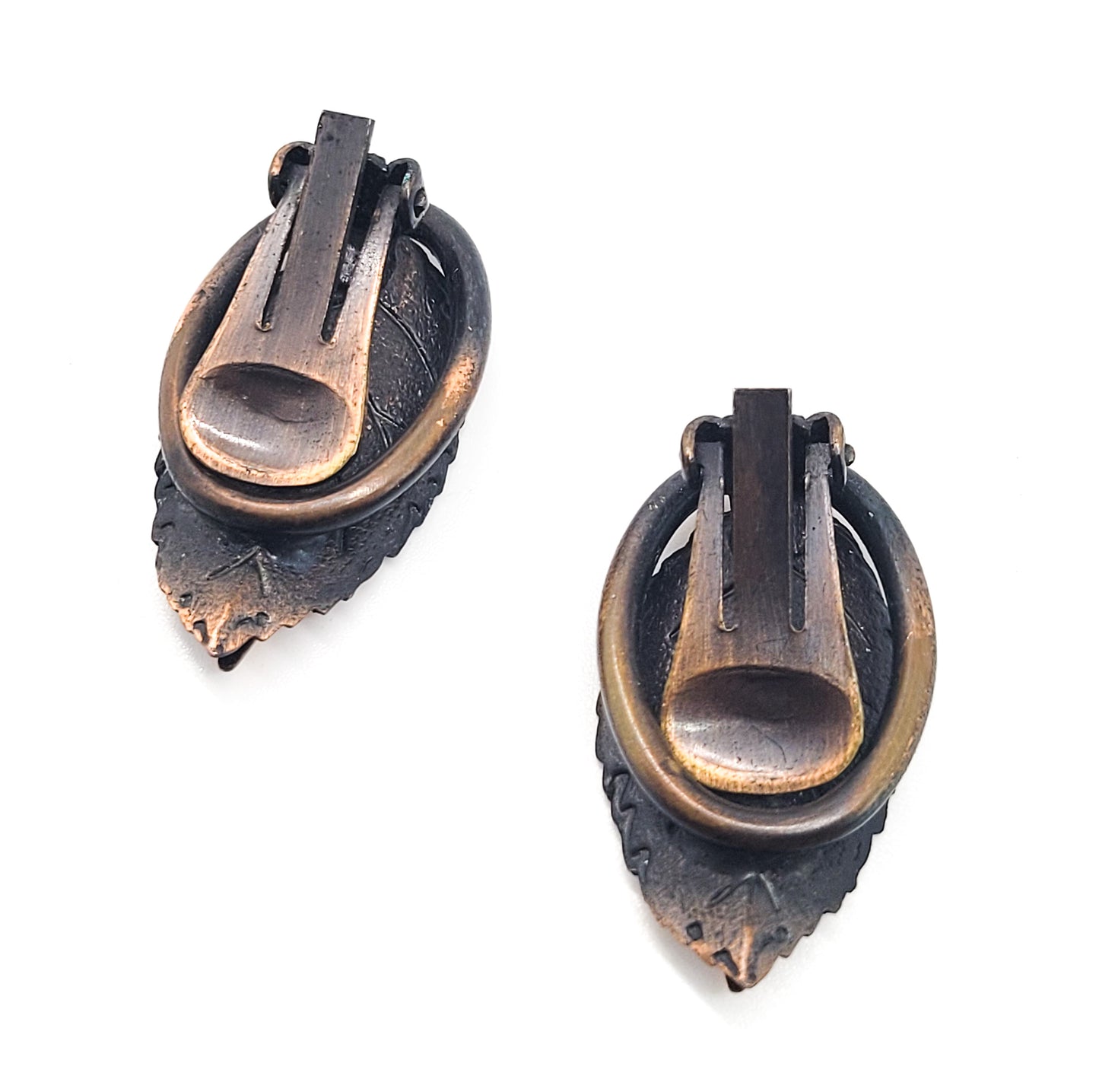 Autumn fall leaf vintage molded copper clip on earrings