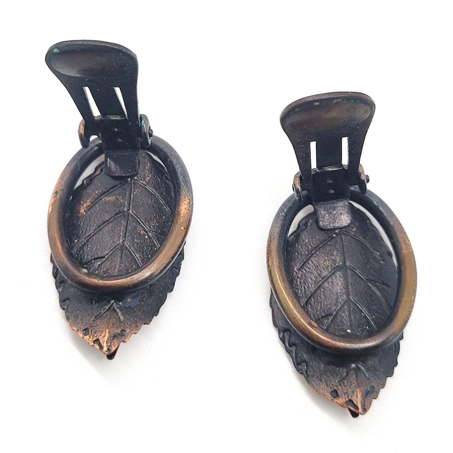 Autumn fall leaf vintage molded copper clip on earrings