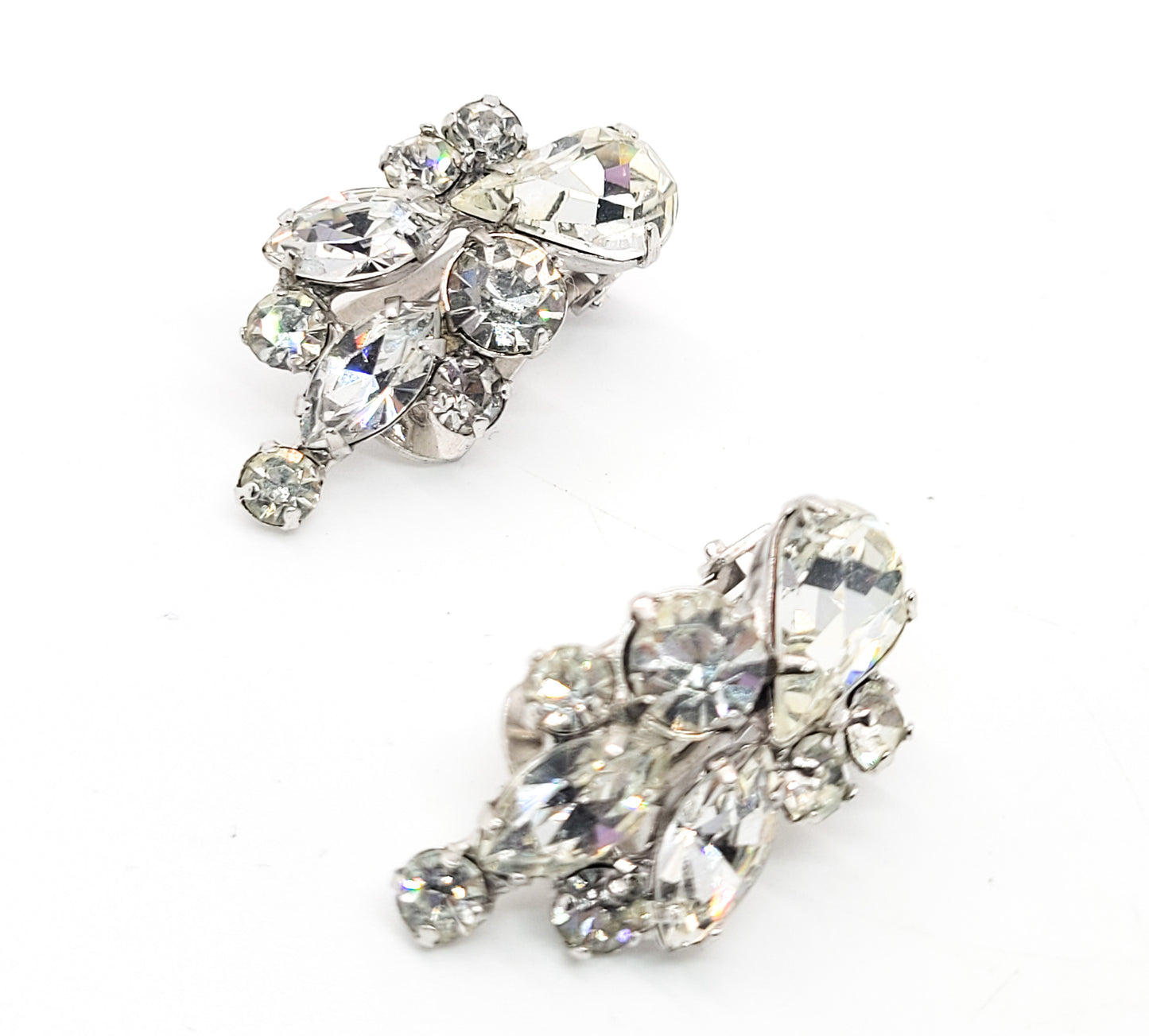 Mid century bright clear and silver crystal vintage rhinestone clip on earrings