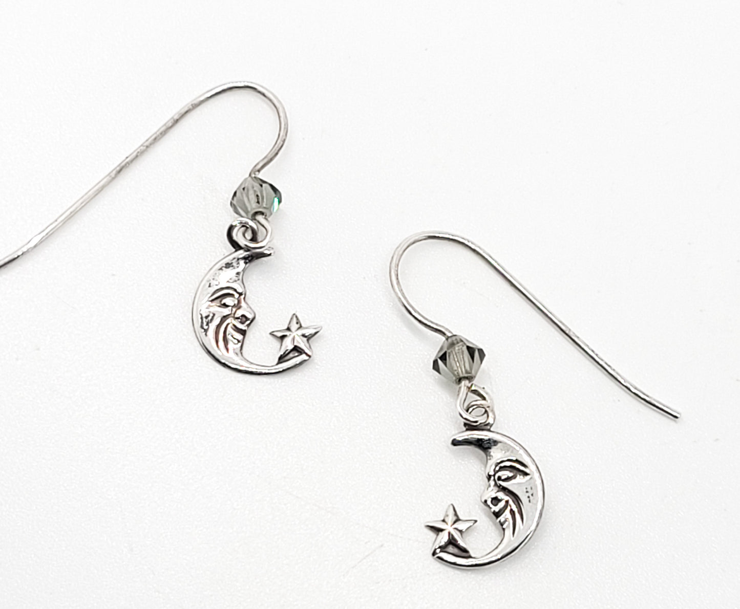 Man in the Moon celstial crescent moon and star sterling silver vintage earrings 925