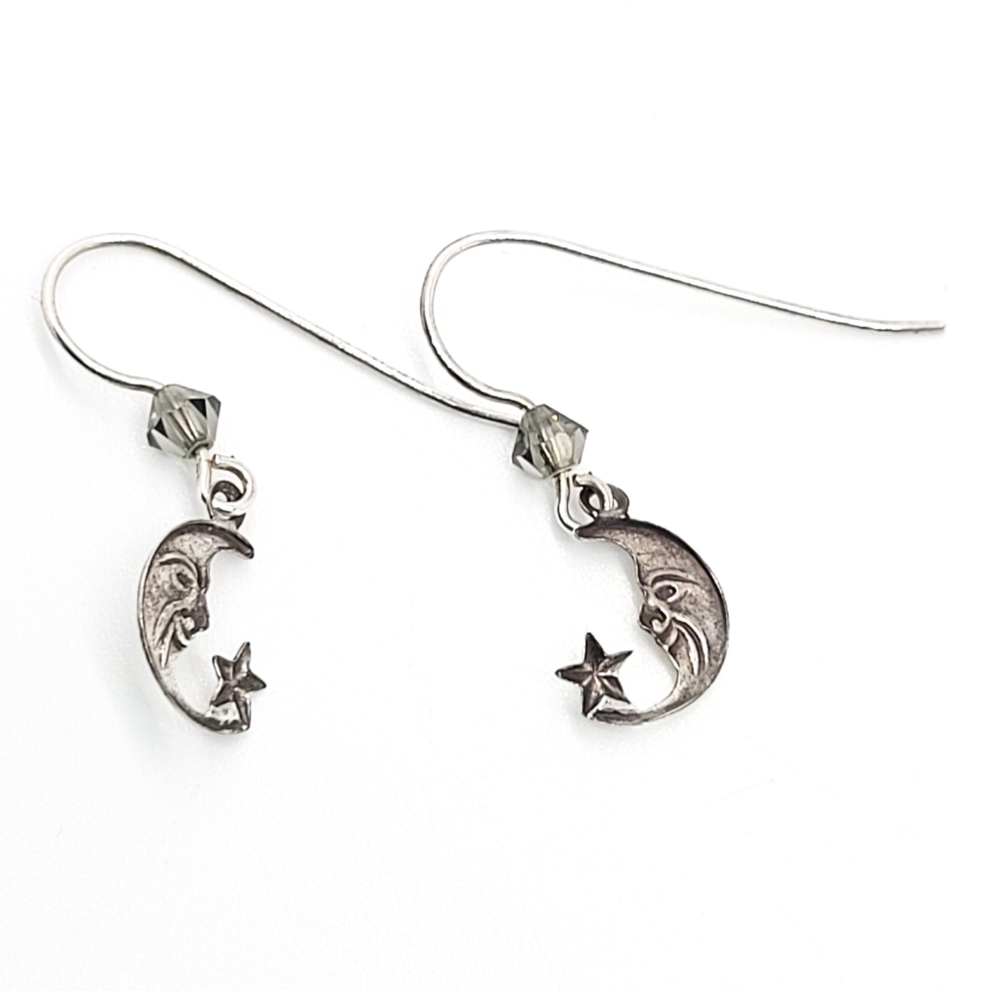 Man in the Moon celstial crescent moon and star sterling silver vintage earrings 925
