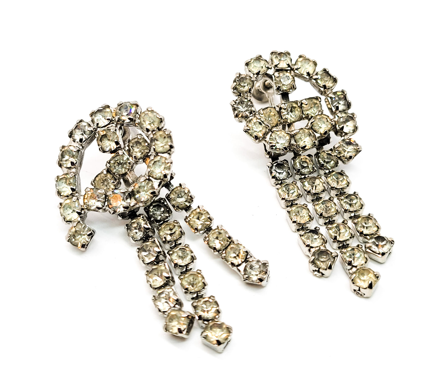 Vintage retro waterfall long drop clear rhinestone vintage clip on earrrings
