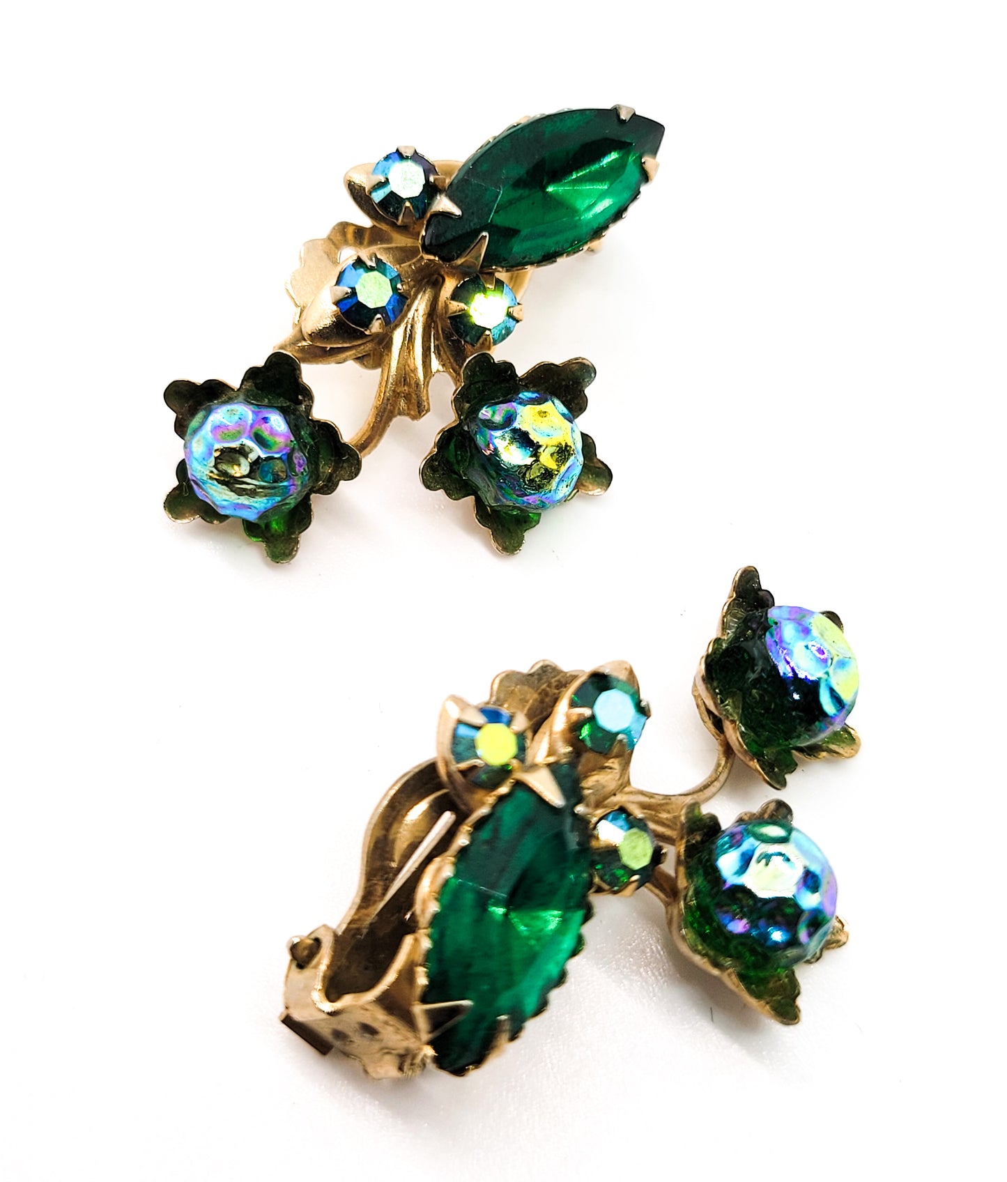 Green Aurora Borealis molded glass and rhinestone vintage clip on earrings