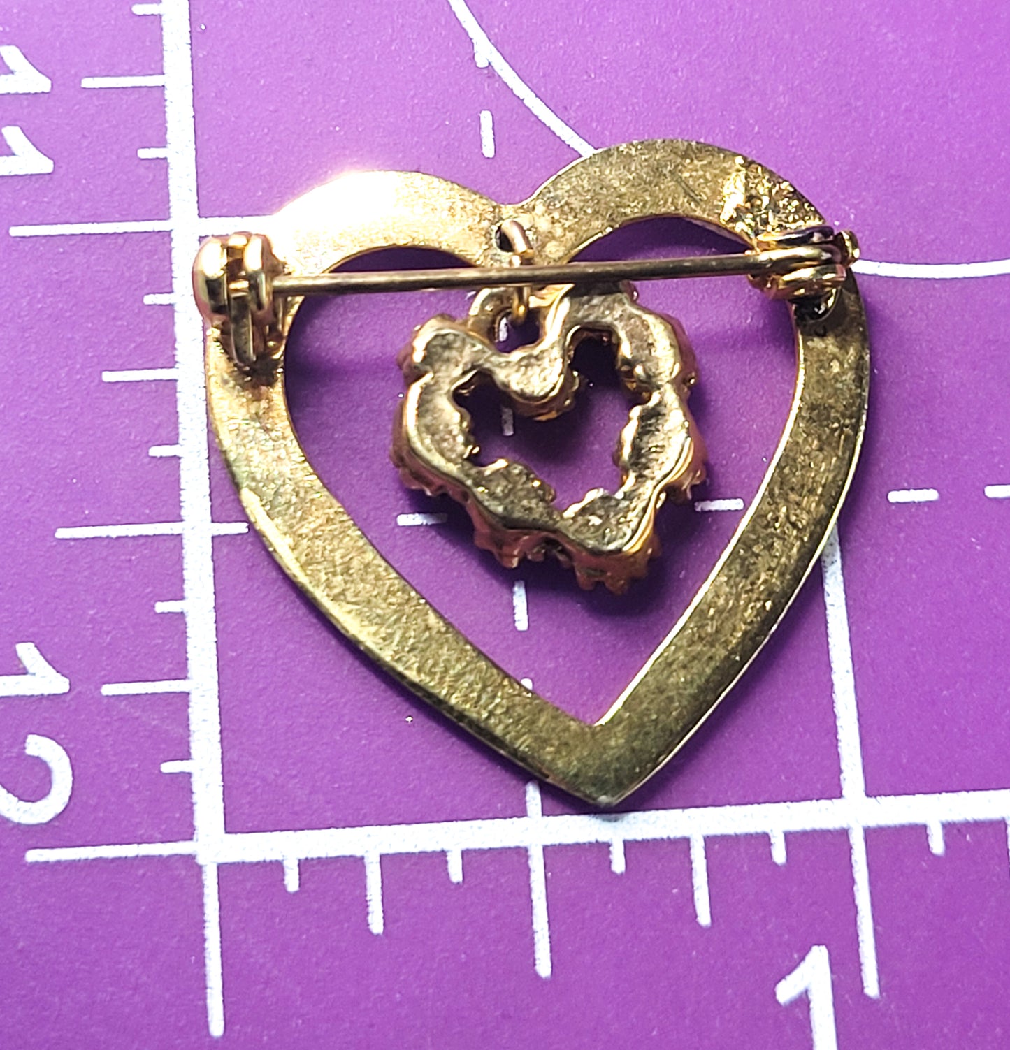 Aqua blue rhinstone gold toned etched heart charm vintage brooch