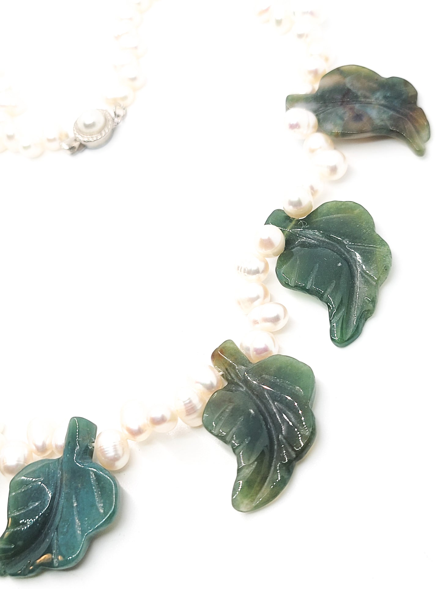 Freshwater pearl and carved Moss Agate artisan gemstone necklace