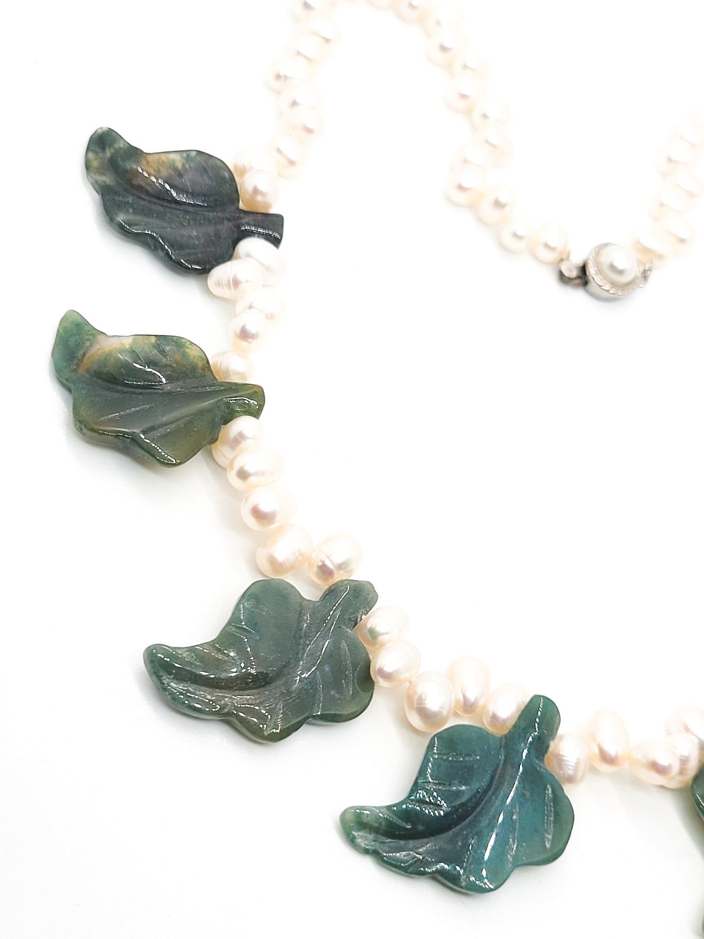 Freshwater pearl and carved Moss Agate artisan gemstone necklace