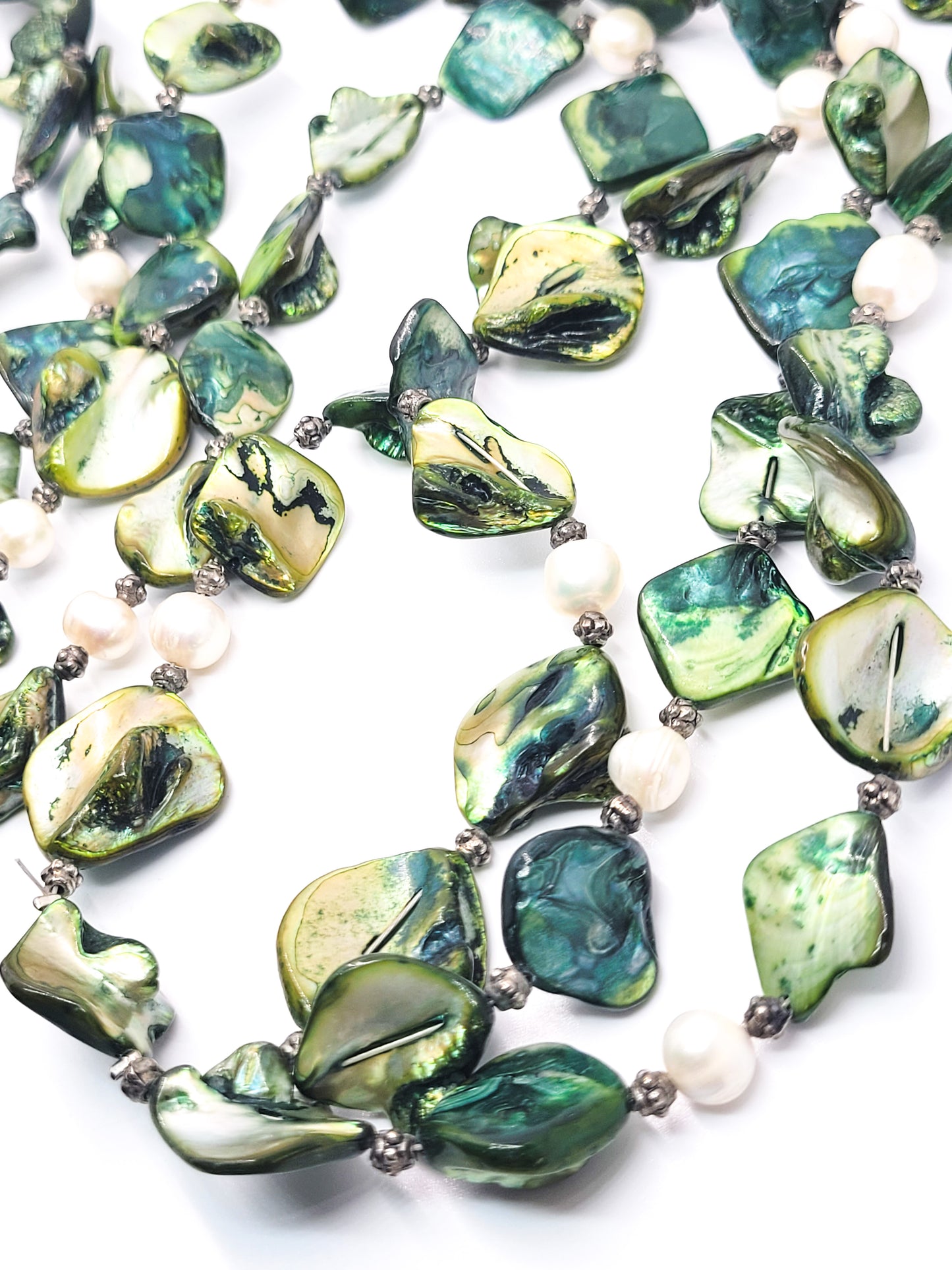 White Freshwater baroque pearl and green diamond mother of pearl shell necklace