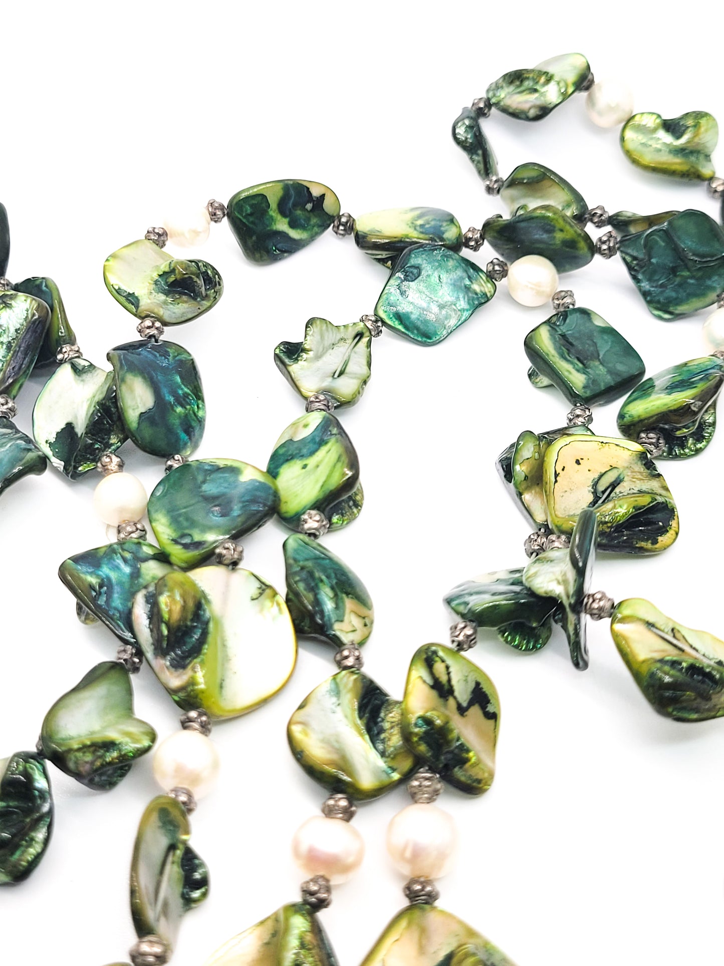 White Freshwater baroque pearl and green diamond mother of pearl shell necklace