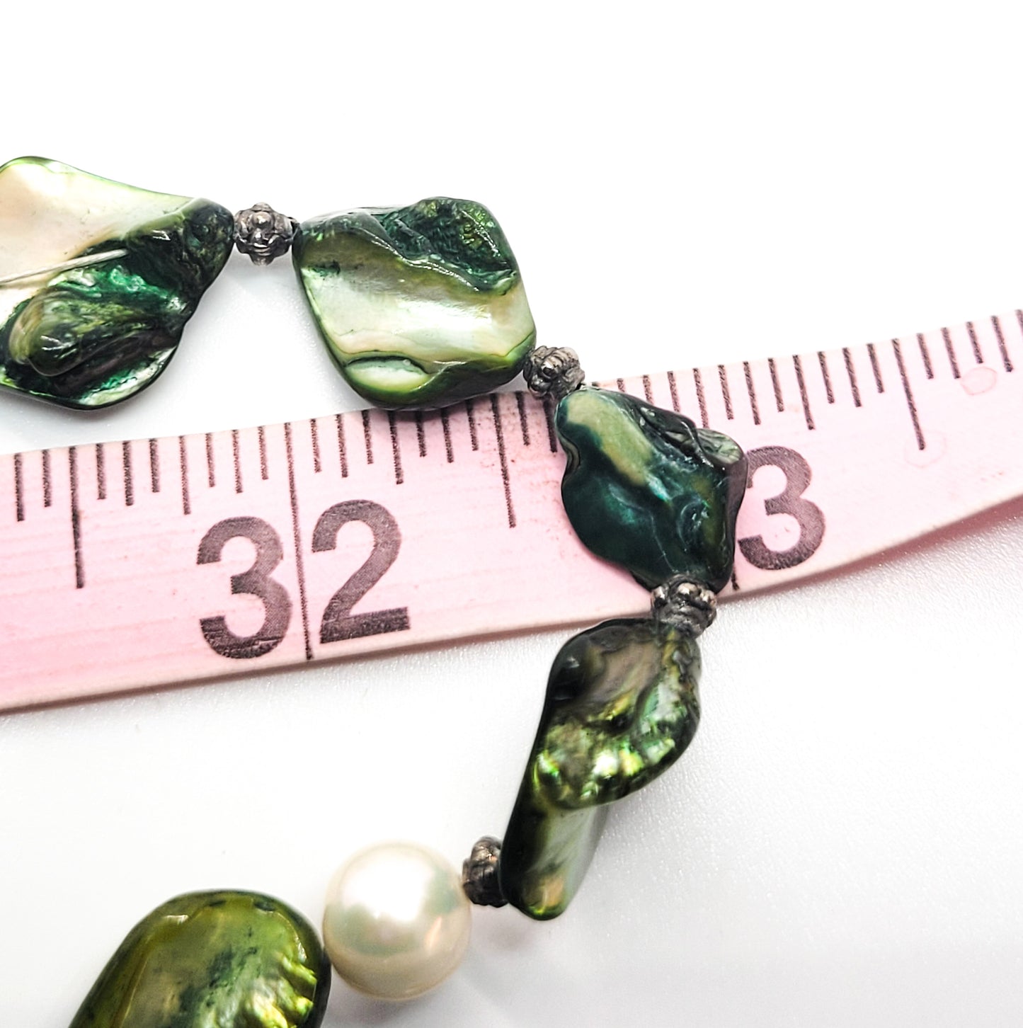 White Freshwater baroque pearl and green diamond mother of pearl shell necklace