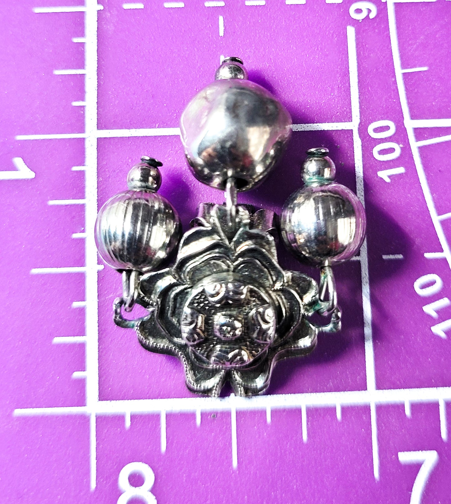 Tribal Artisan silver toned flower with drop beads vintage clip on earrings