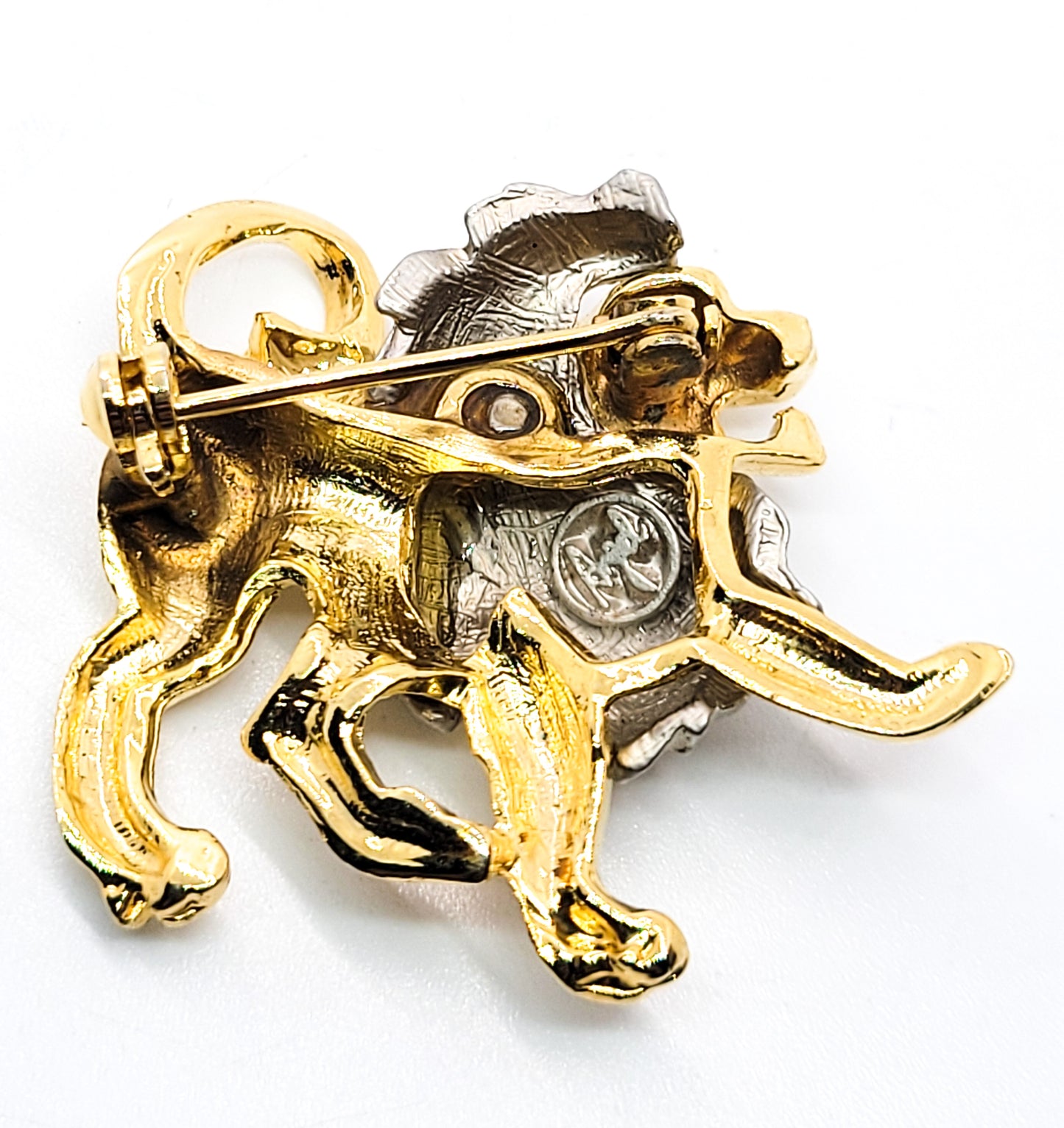 Angel Lion Leo signed vintage gold and silver two toned figural brooch
