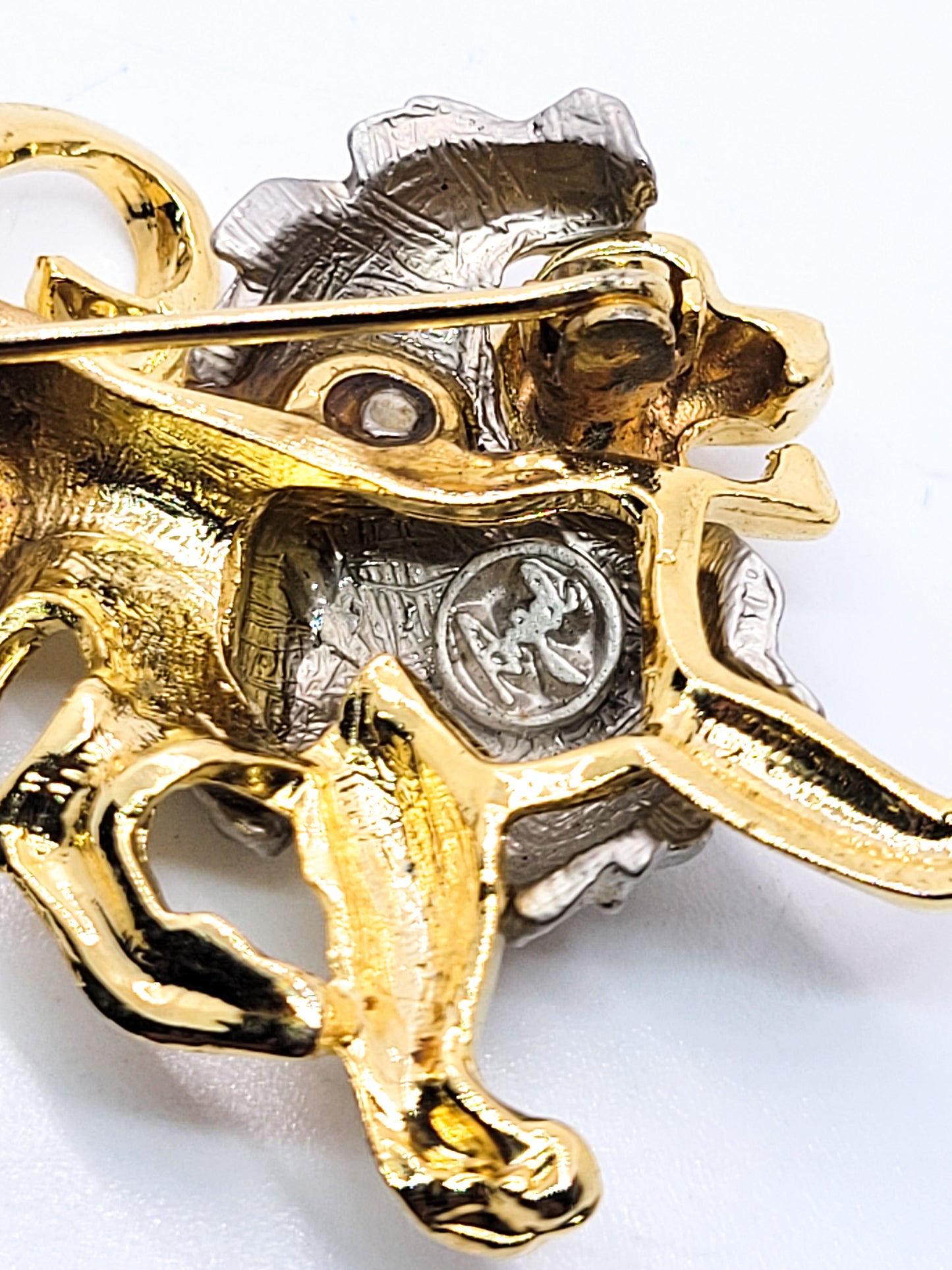 Angel Lion Leo signed vintage gold and silver two toned figural brooch