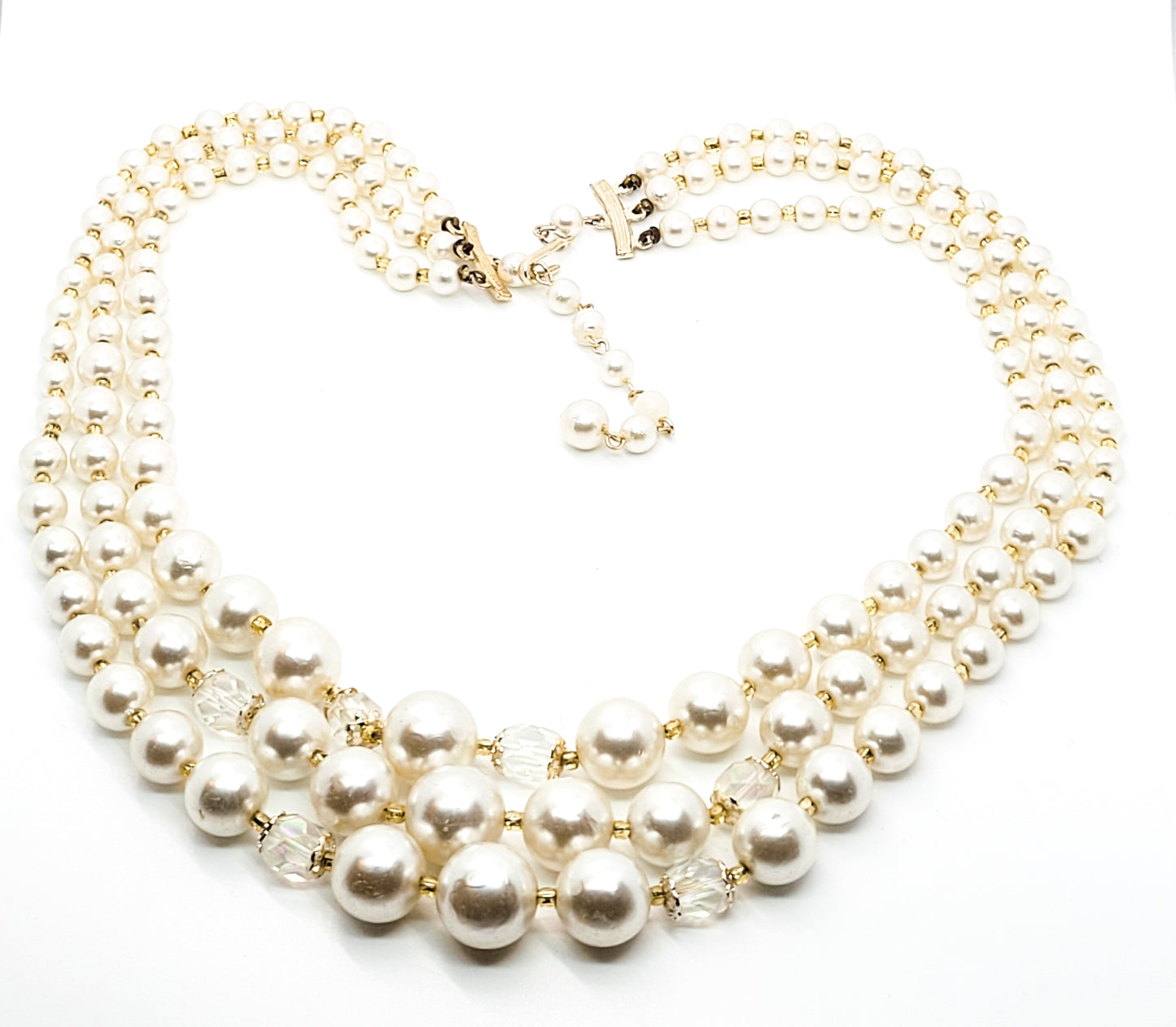 Mid century 3 tiered faux pearl and told Austrian crystal vintage gradutated necklace