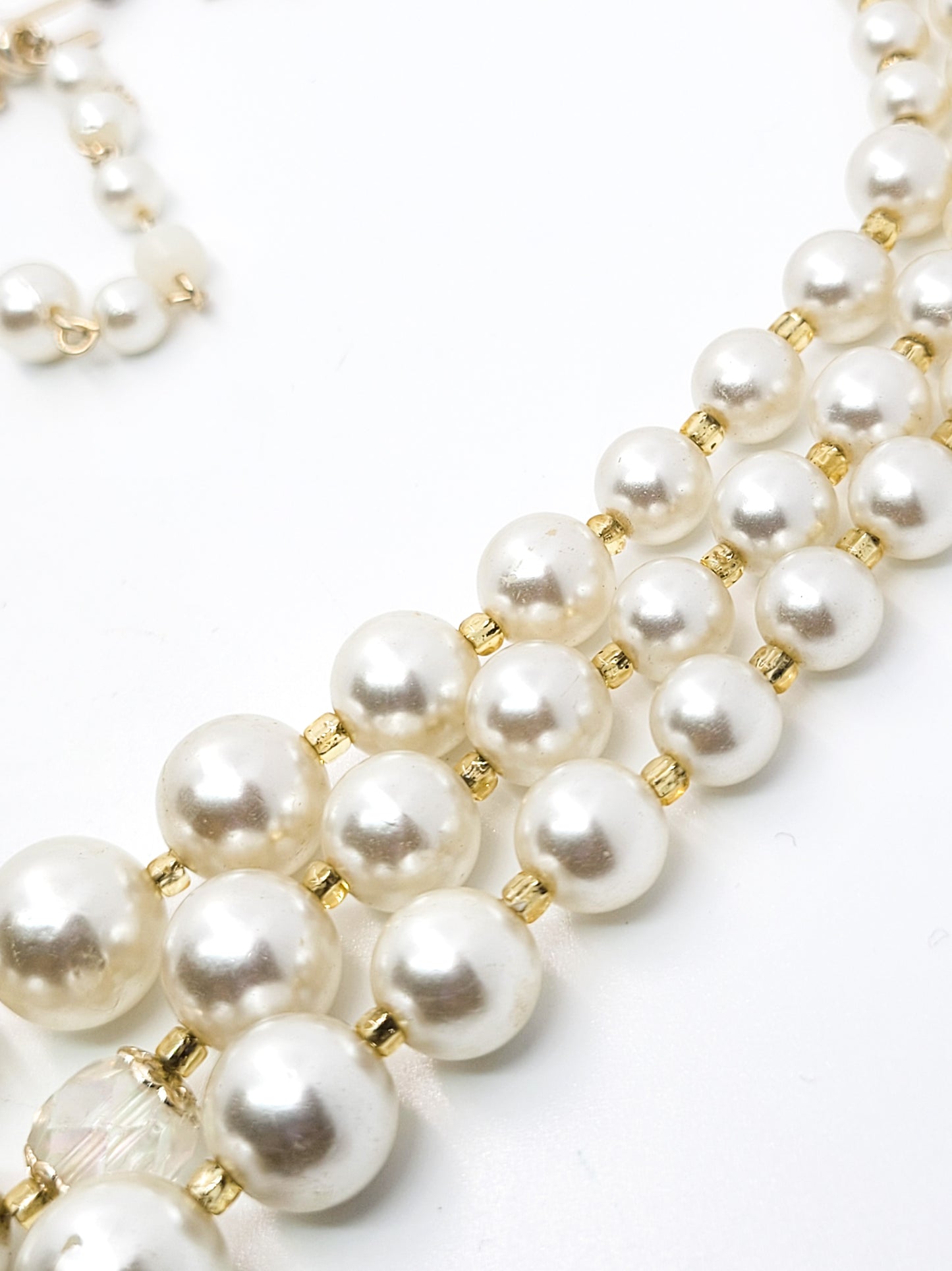 Mid century 3 tiered faux pearl and told Austrian crystal vintage gradutated necklace