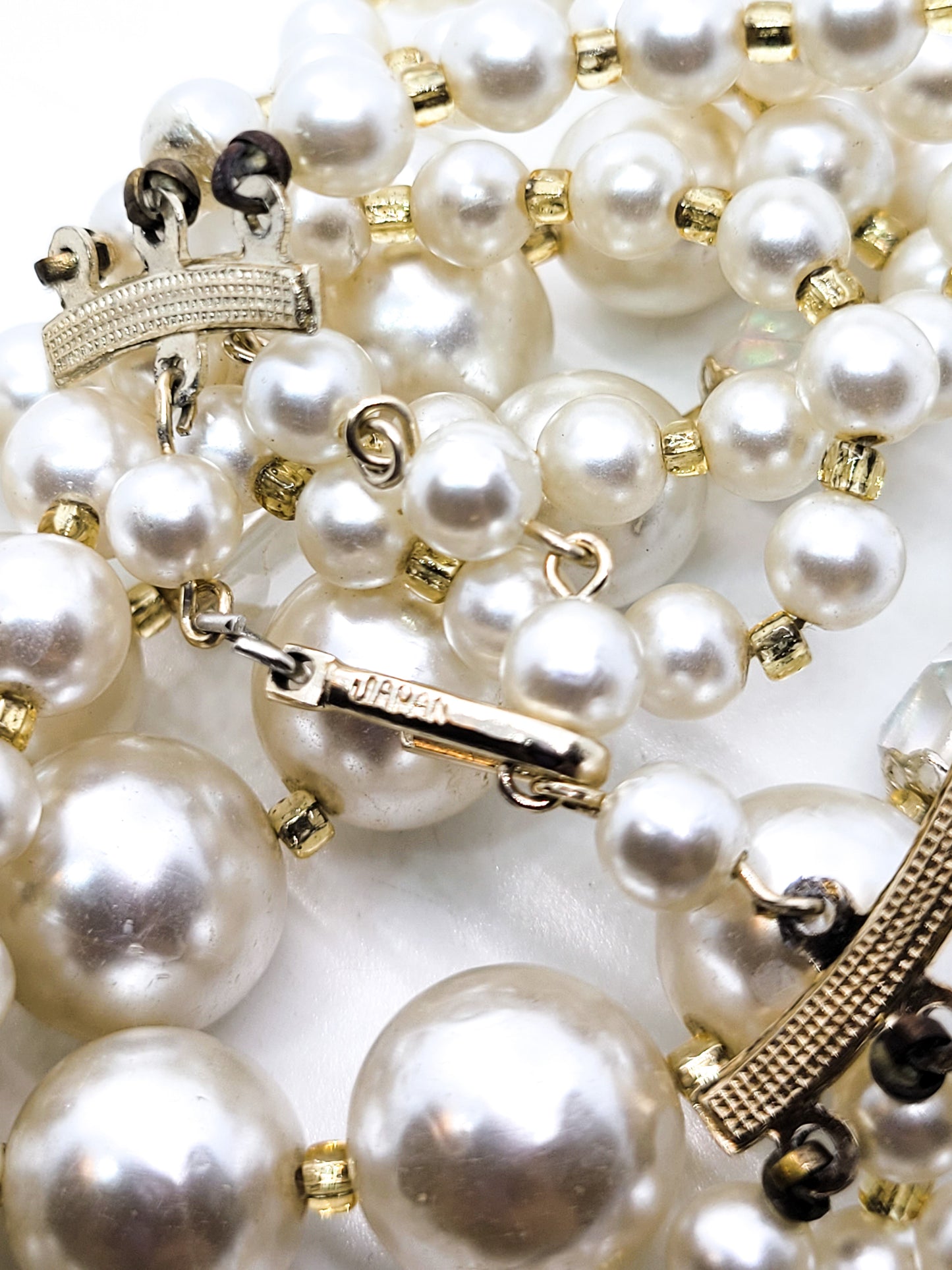 Mid century 3 tiered faux pearl and told Austrian crystal vintage gradutated necklace