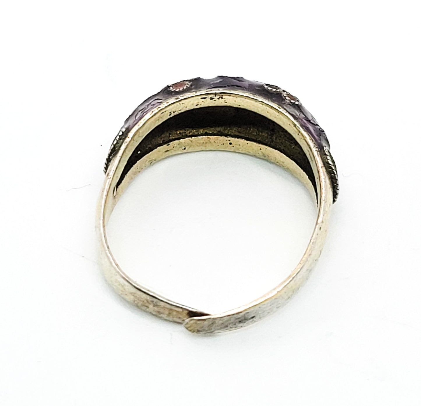 Chinese Export purple enamel and red flower vermeil gold over sterling vintage ring